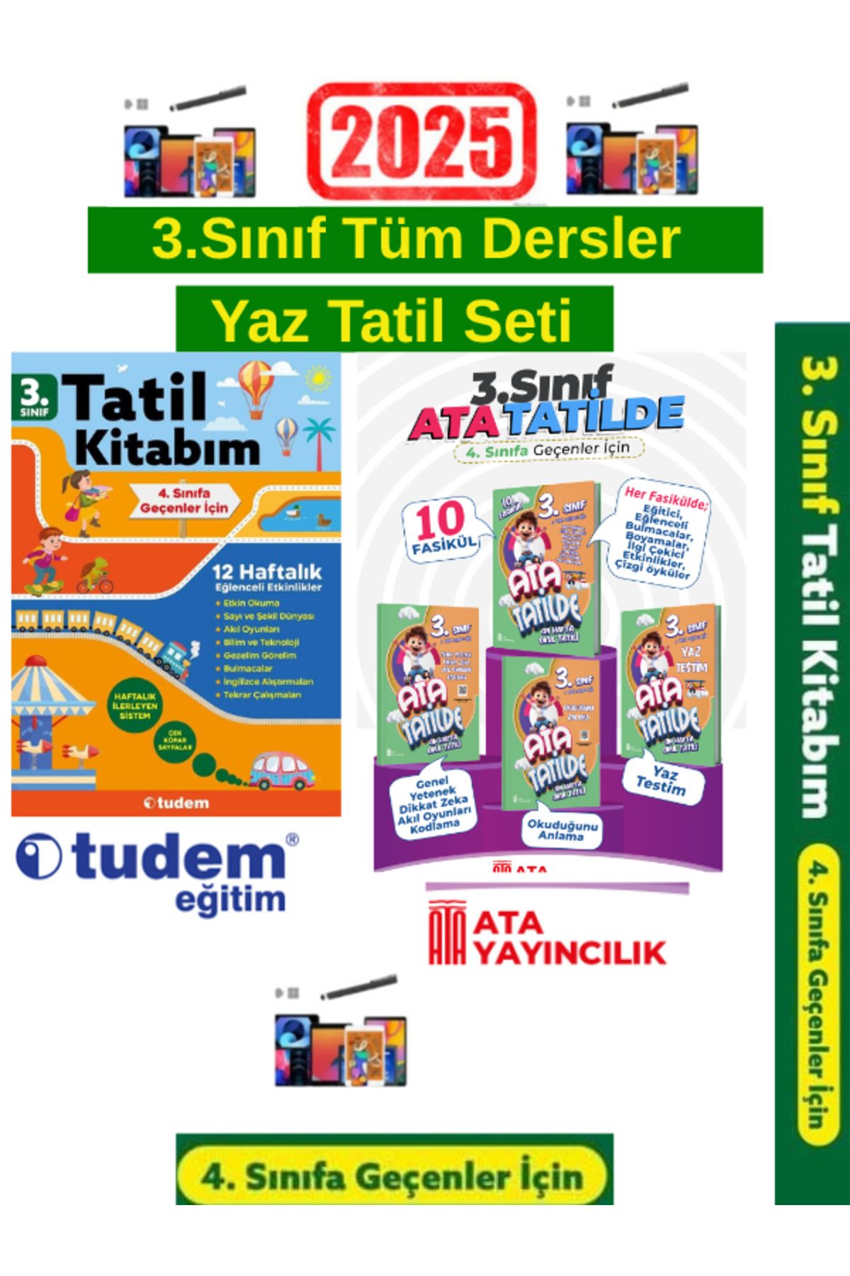 Tudem Yayınları 2025 3.Sınıf 12 Haftalık Yaz Tatil K+Ata Tatilde 3.Sınıf 10 Fasikül Yaz Tatil Seti+Android Kalem