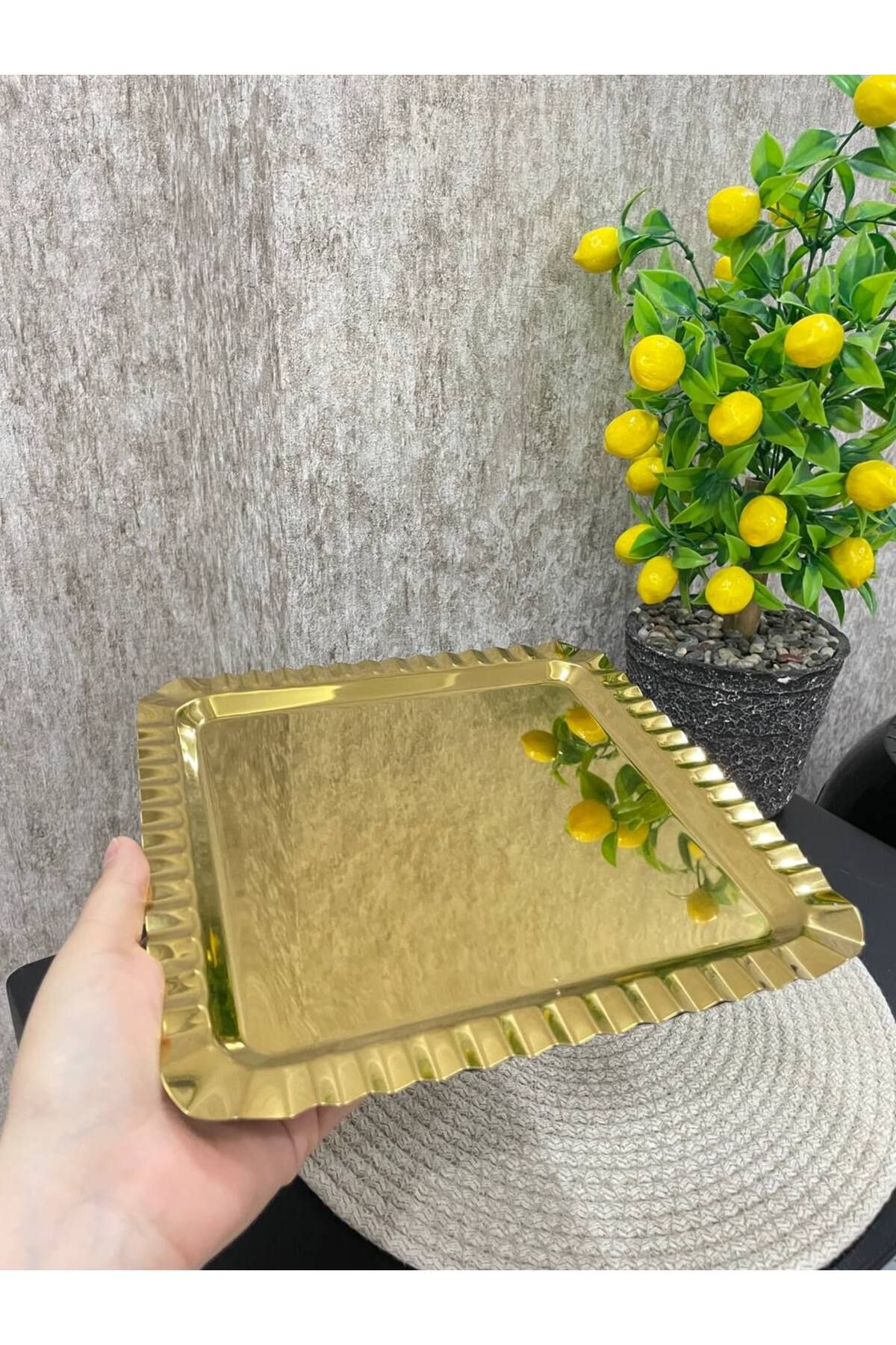 HAZEM Lüx Paslanmaz Gold Çelik Kare Kahve, Çay, Dekoratif Sunum Tepsi 6 Adet 22X22