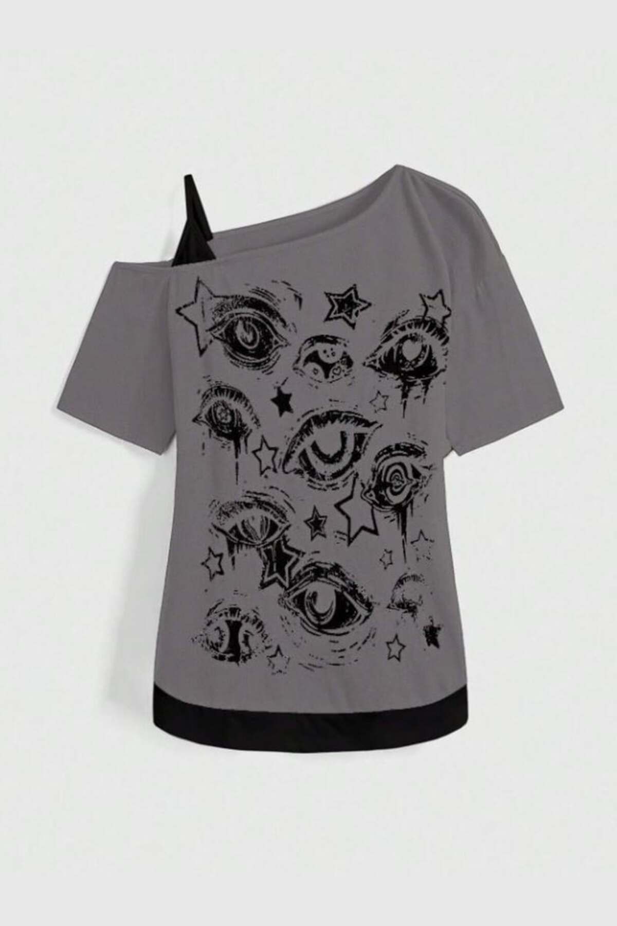 Pop Giyim Stars Eyes Collage Ek Askılı Kısa Kollu Crop Tişört