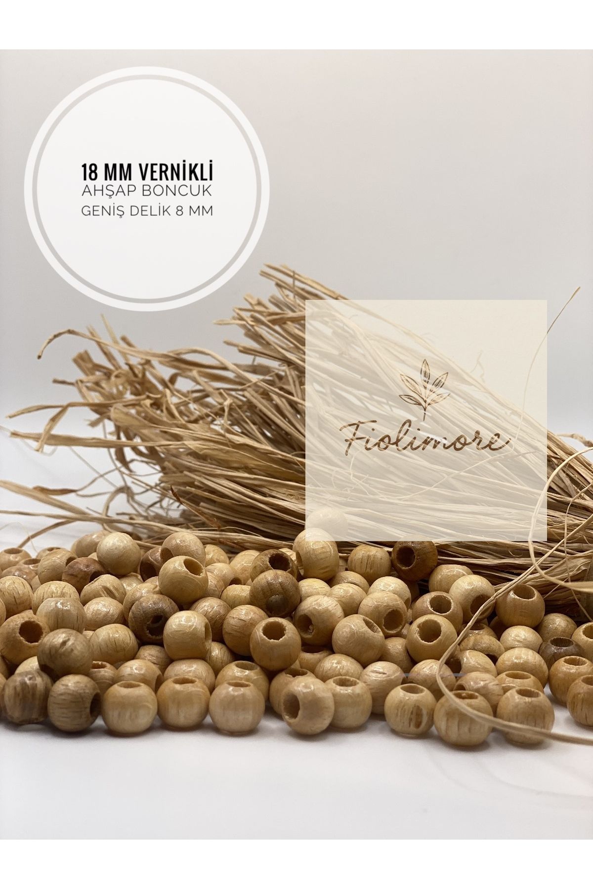 Fiolimore 18 mm Vernikli Ahşap Boncuk (50 Gram 30 Adet) Delik Çapı 8 mm Yuvarlak Geniş Delik Tahta