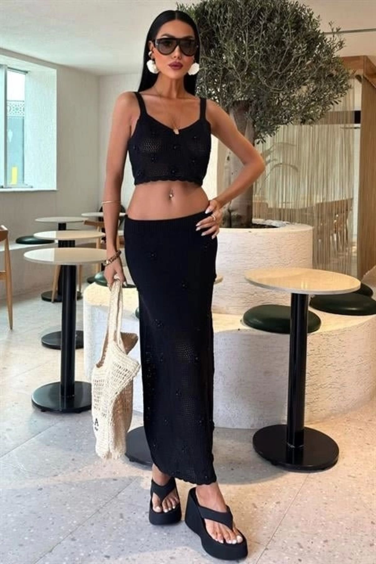 Butik İnci Ve Çiçek Detaylı Büstiyerli Triko Takım 10100