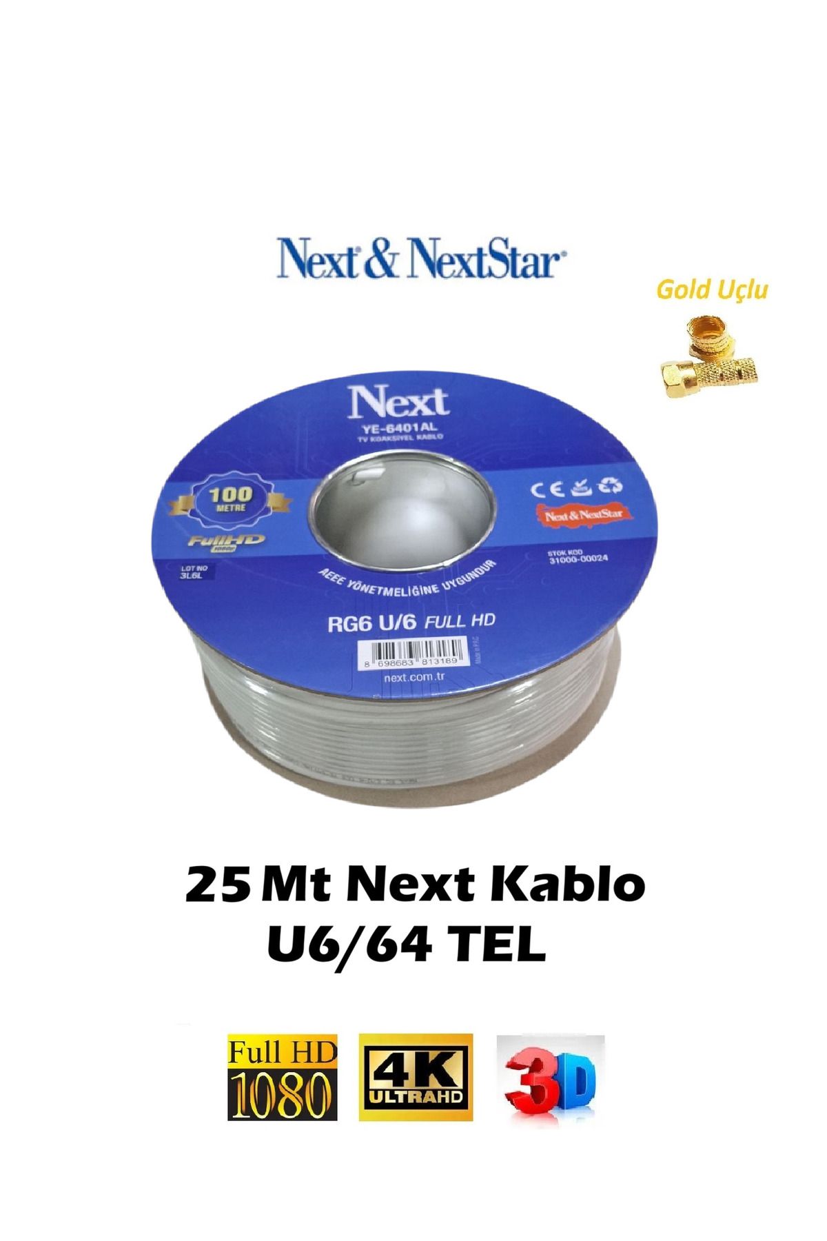 Vwin 25 Metre U6/64 TEL Next Hazır Gold Uçlu Anten Kablosu Full HD 3D 4K (Hazır Tak Kullan)
