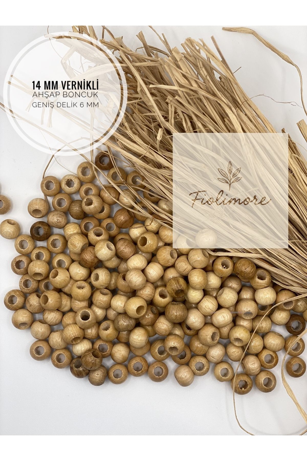 Fiolimore 14 mm Vernikli Ahşap Boncuk (50 Gram 60 Adet) Delik Çapı 6 mm Yuvarlak Geniş Delik Tahta