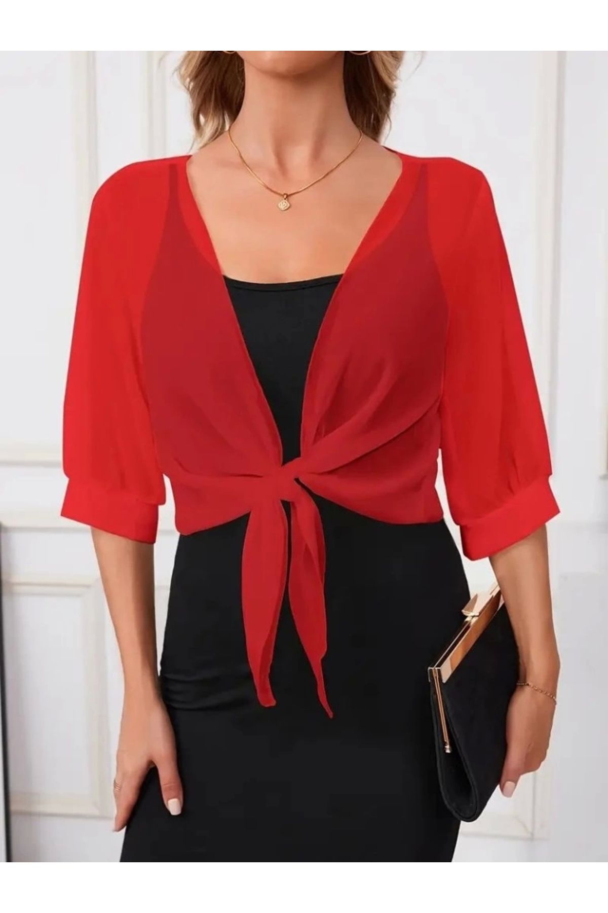 Butik Kadın Truvakar Kollu önden Bağlamalı Kısa şifon Bolero Ceket