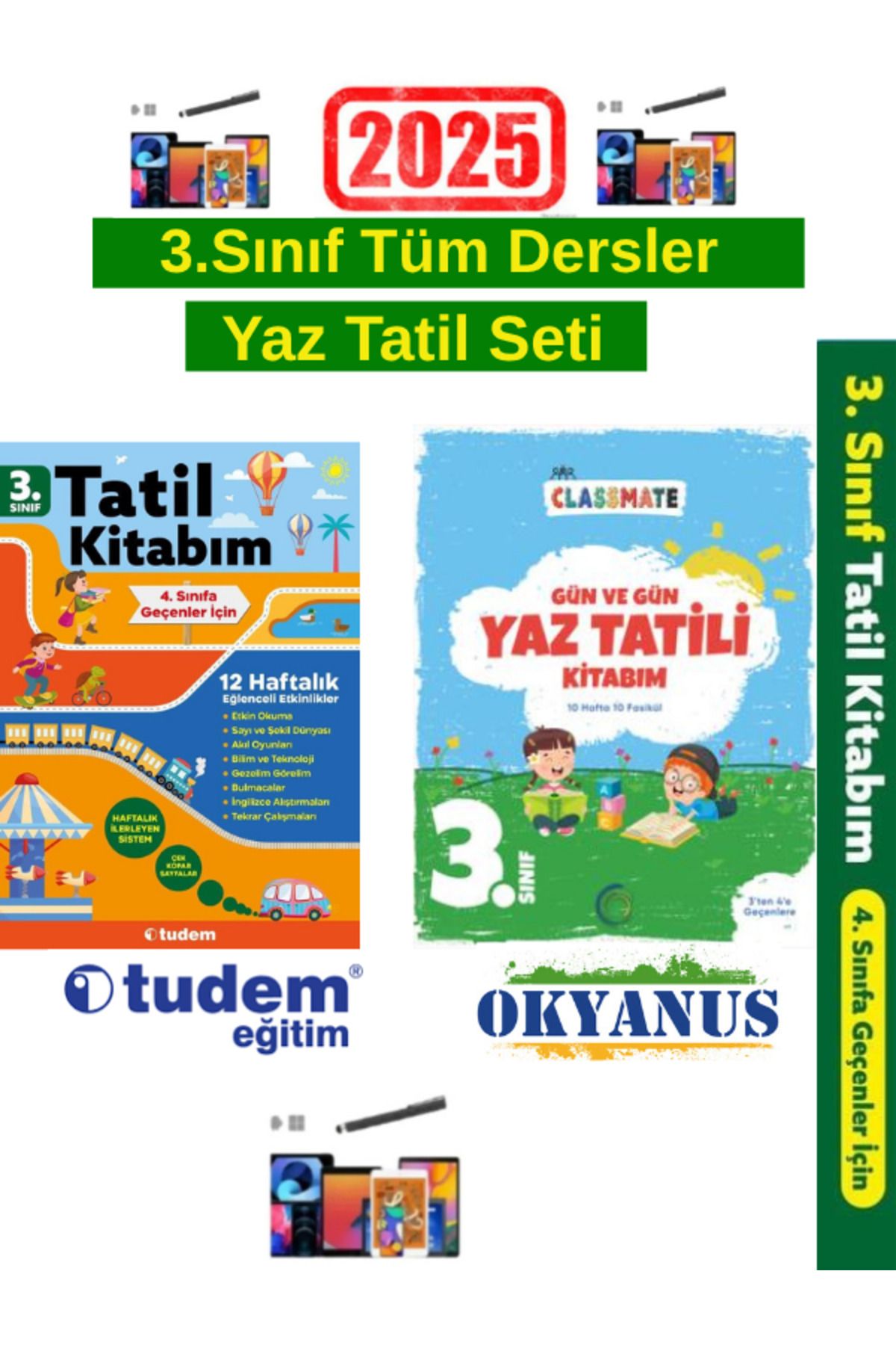 Tudem Yayınları 2025 3.Sınıf 12 Haftalık Yaz Tatil +Okyanus 3.Sınıf Gün Gün Yaz Tatil Seti+Android Kalem