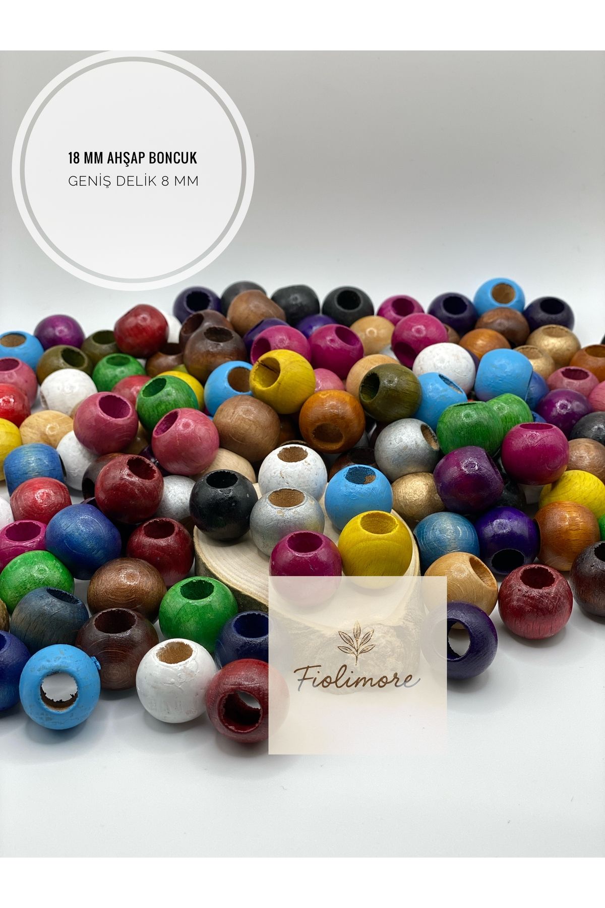Fiolimore 18 mm Karışık Renk Ahşap Boncuk (50 Gram 30 Adet) Delik Çapı 8 mm Yuvarlak Geniş Delik Renkli Tahta