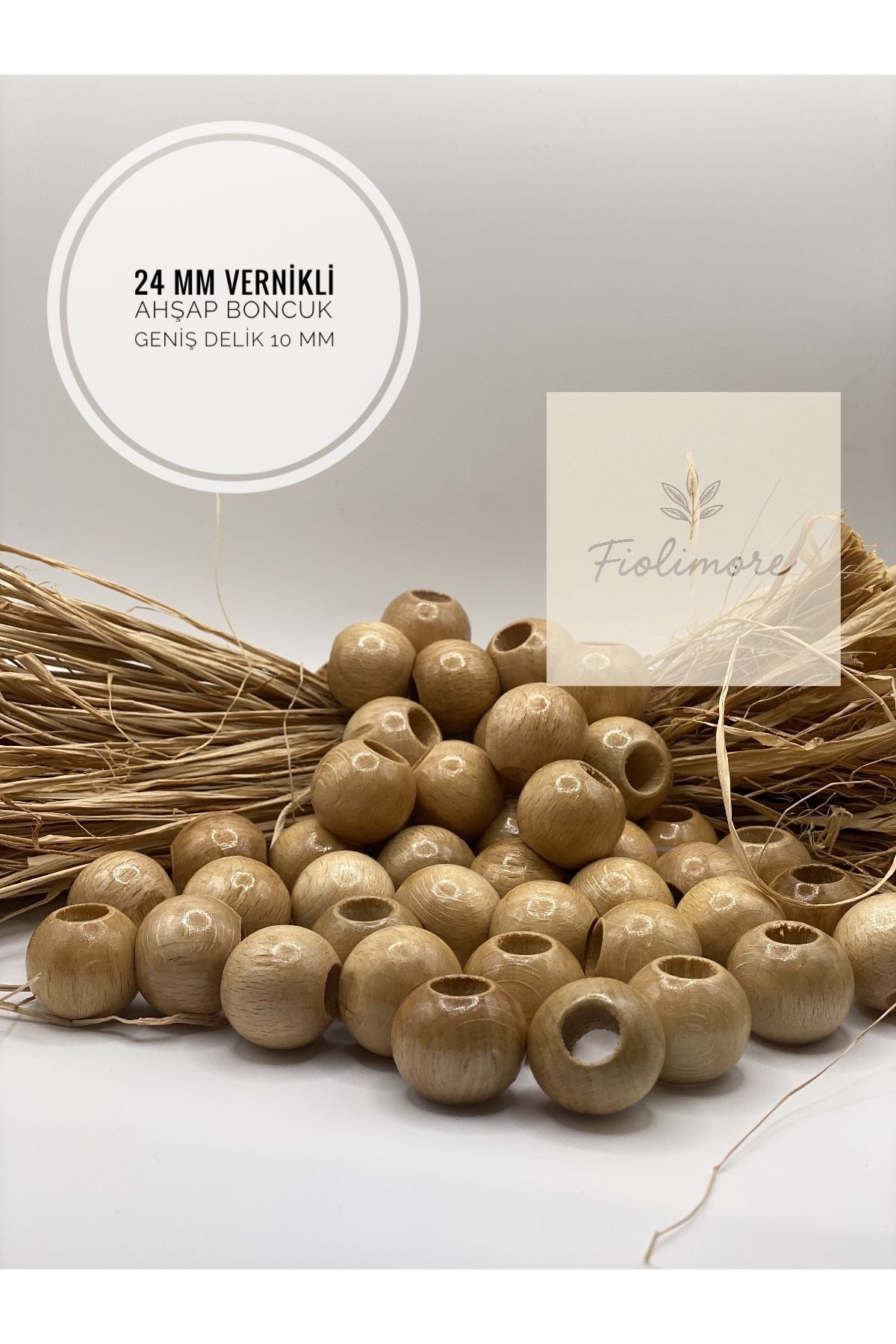 Fiolimore 24 mm Vernikli Ahşap Boncuk (50 Gram 14 Adet) Delik Çapı 10 mm Yuvarlak Geniş Delik Tahta