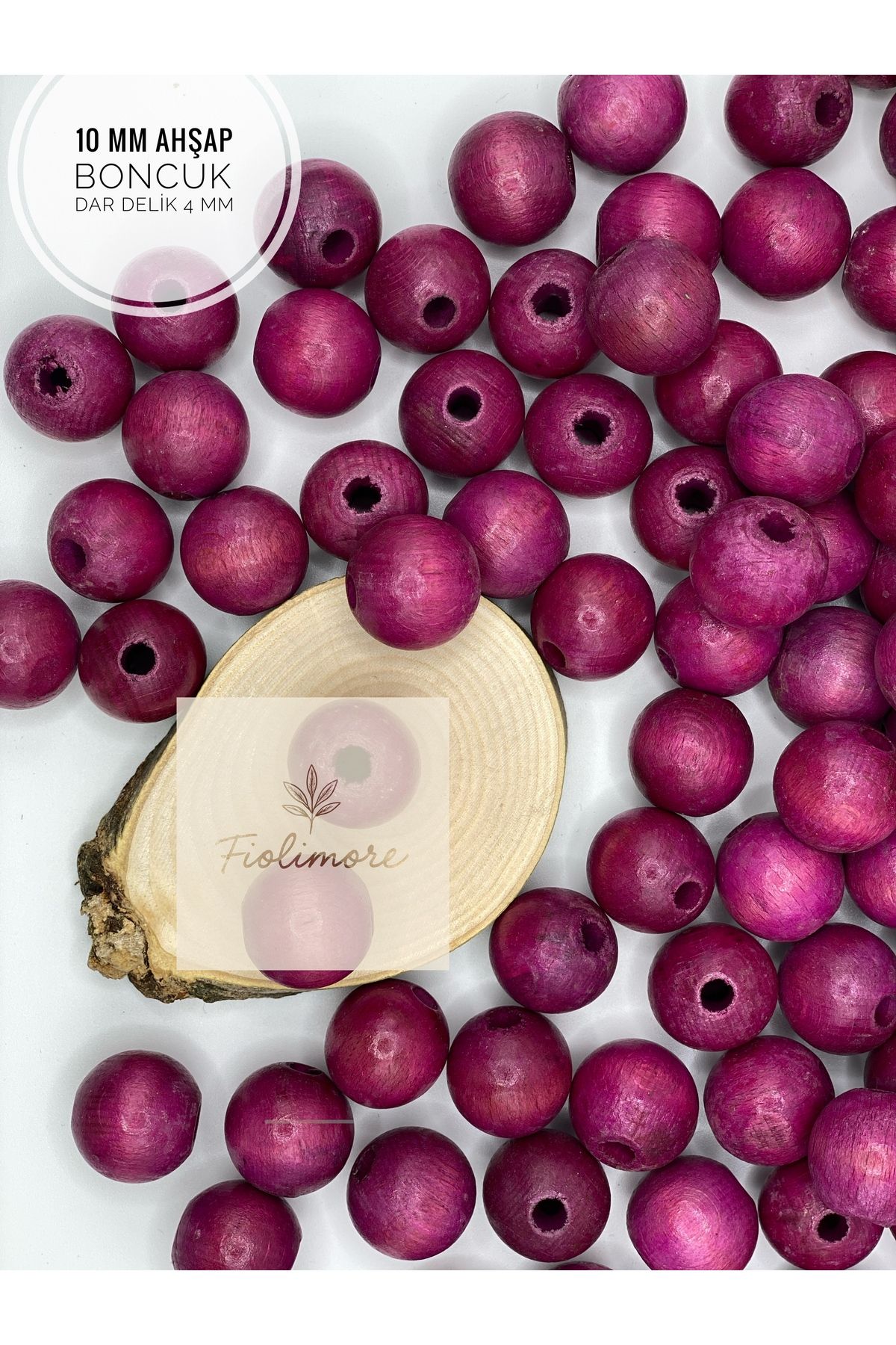 Fiolimore 10 mm Fuşya Pembe Ahşap Boncuk (50 Gram 140 Adet) Delik Çapı 4 mm Yuvarlak Dar Delik Renkli Tahta