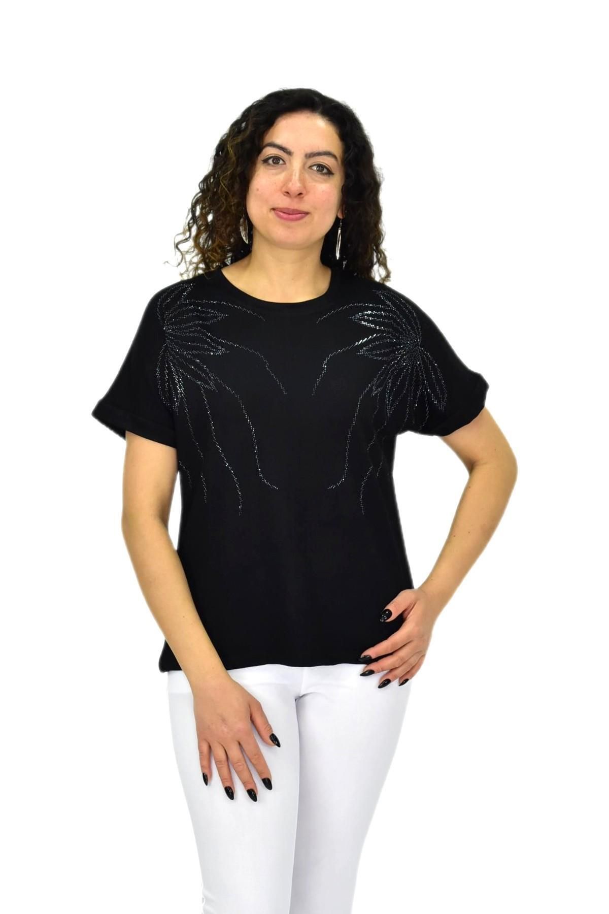 lavella Kadın Yarım Kol Sıfıryaka Taşlı Likralı Tişöt BGL-ST04655