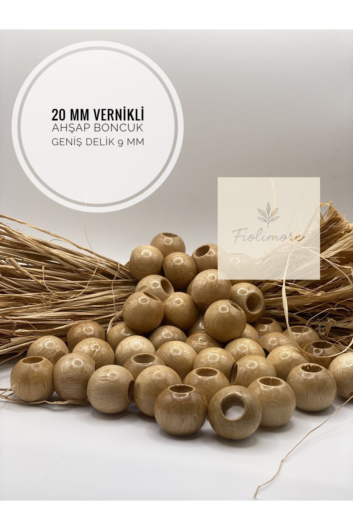 Fiolimore 20 mm Vernikli Ahşap Boncuk (50 Gram 22 Adet) Delik Çapı 9 mm Yuvarlak Geniş Delik Tahta