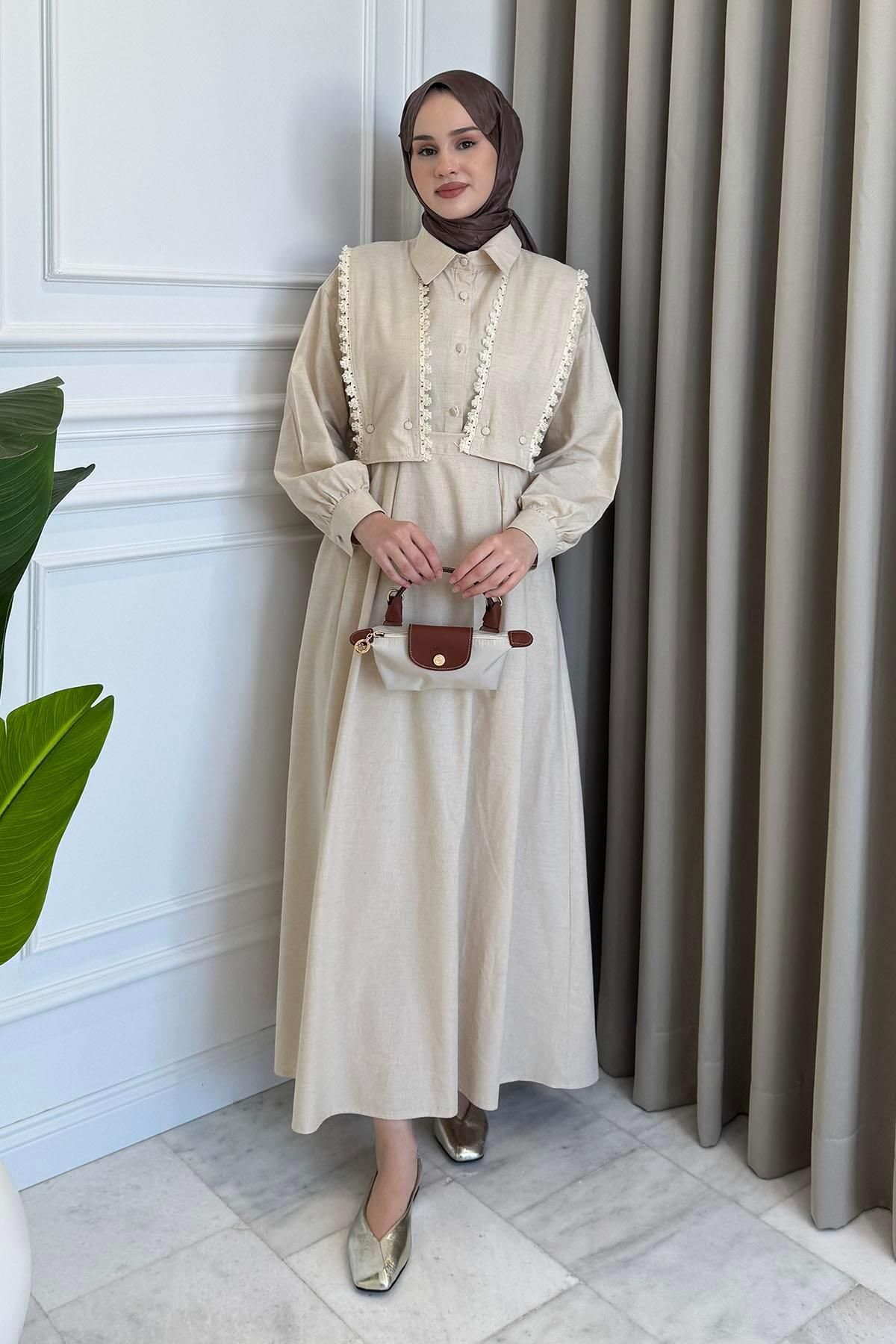 Beige Store Dantel Detaylı Gömlek-Jile Takım Taş