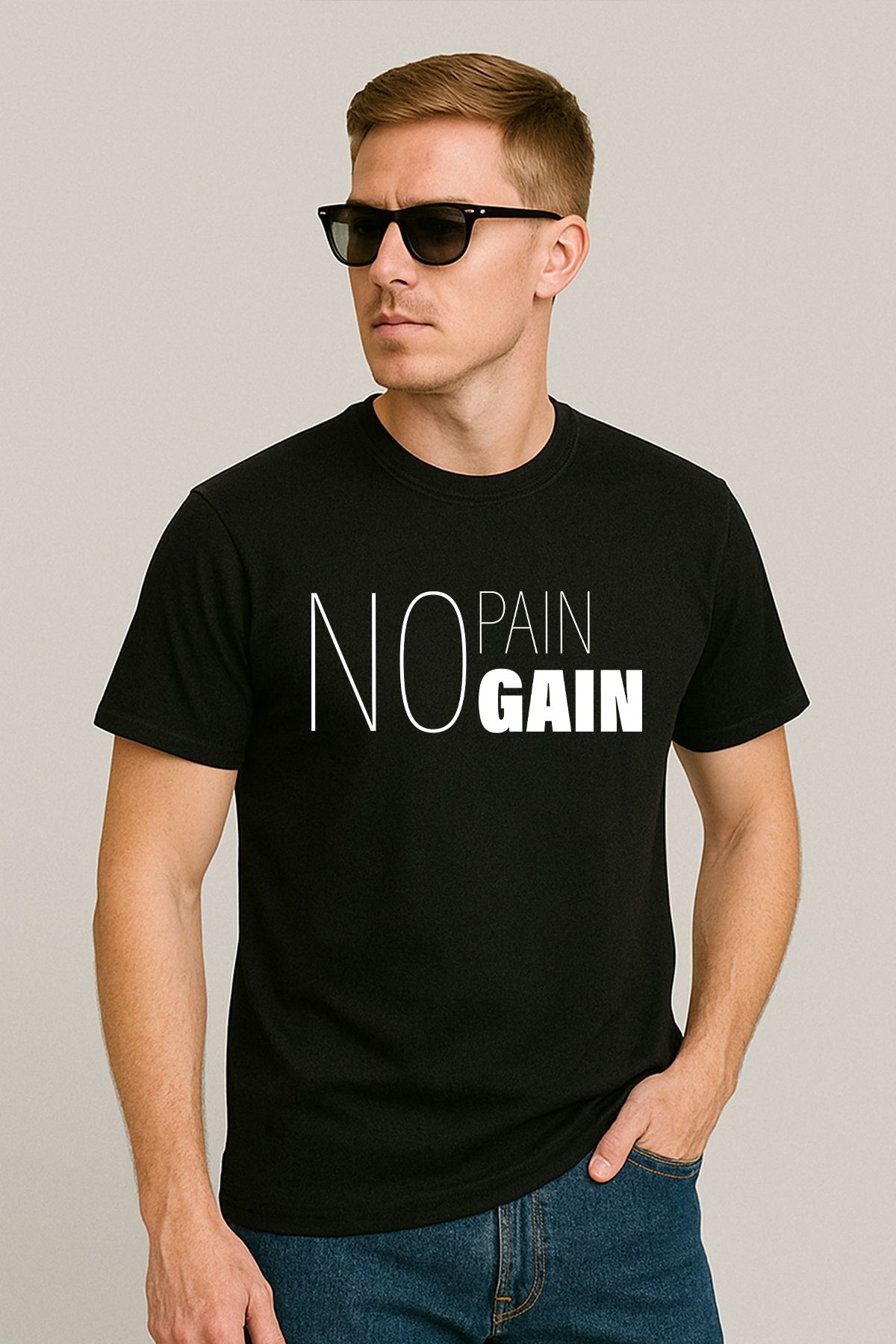 uniqwo Unisex No Pain Gain Baskılı Fitness %100 Pamuk Premium Regular Siyah T-Shirt