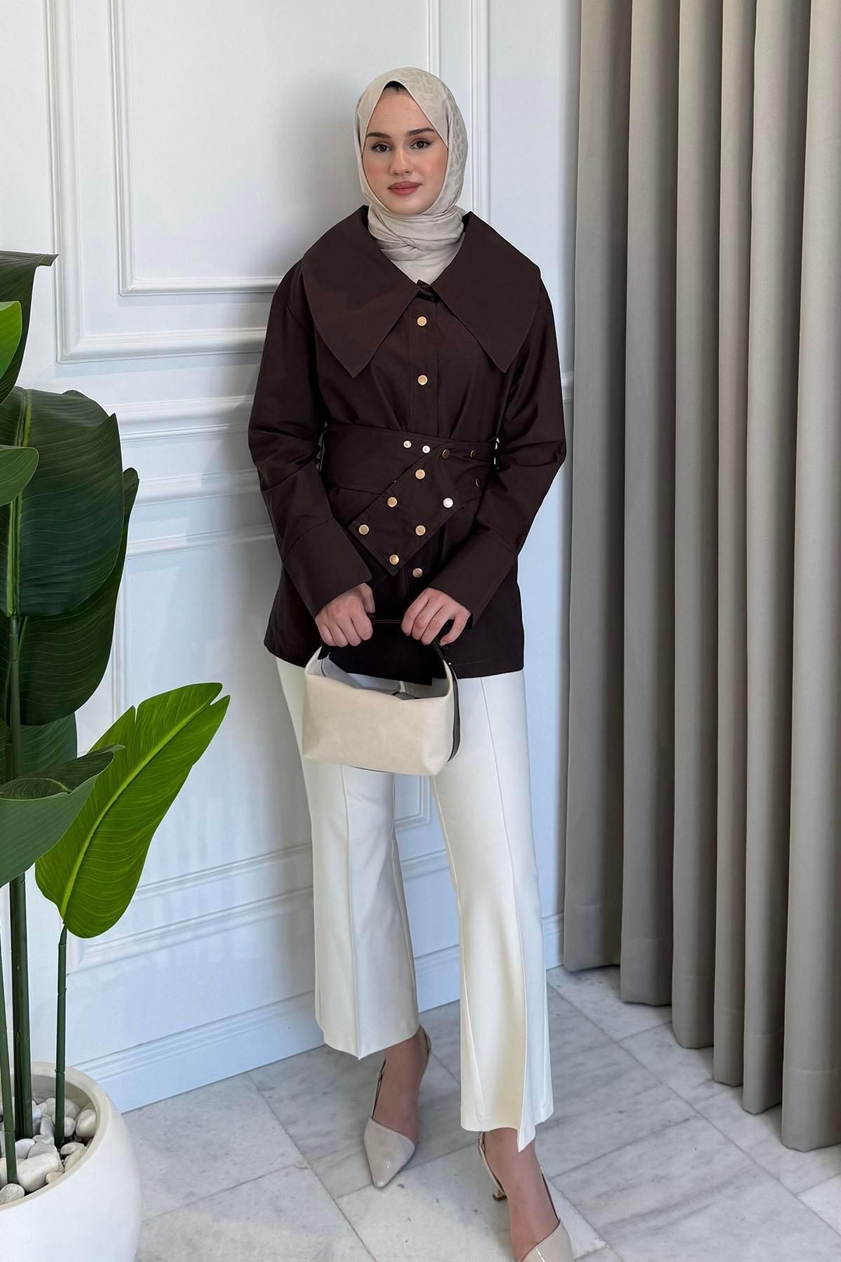 Beige Store Çıtçıt Kemer Detaylı Gömlek Kahverengi