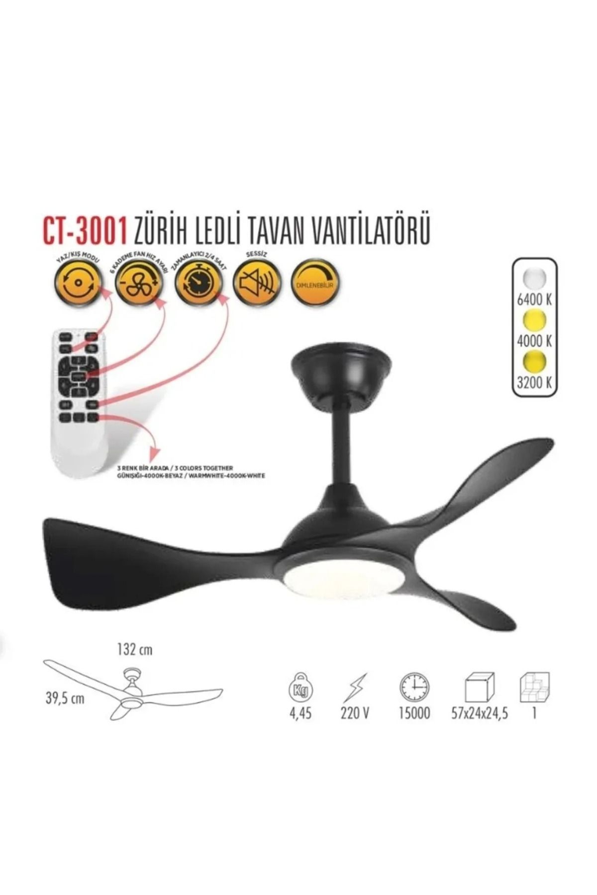 Cata ekim aydınlatma Ct-3001 Tavan Vantilatörü Beyaz Led Işıklı Ve Uzaktan Kumandalı Led Sessiz Motor