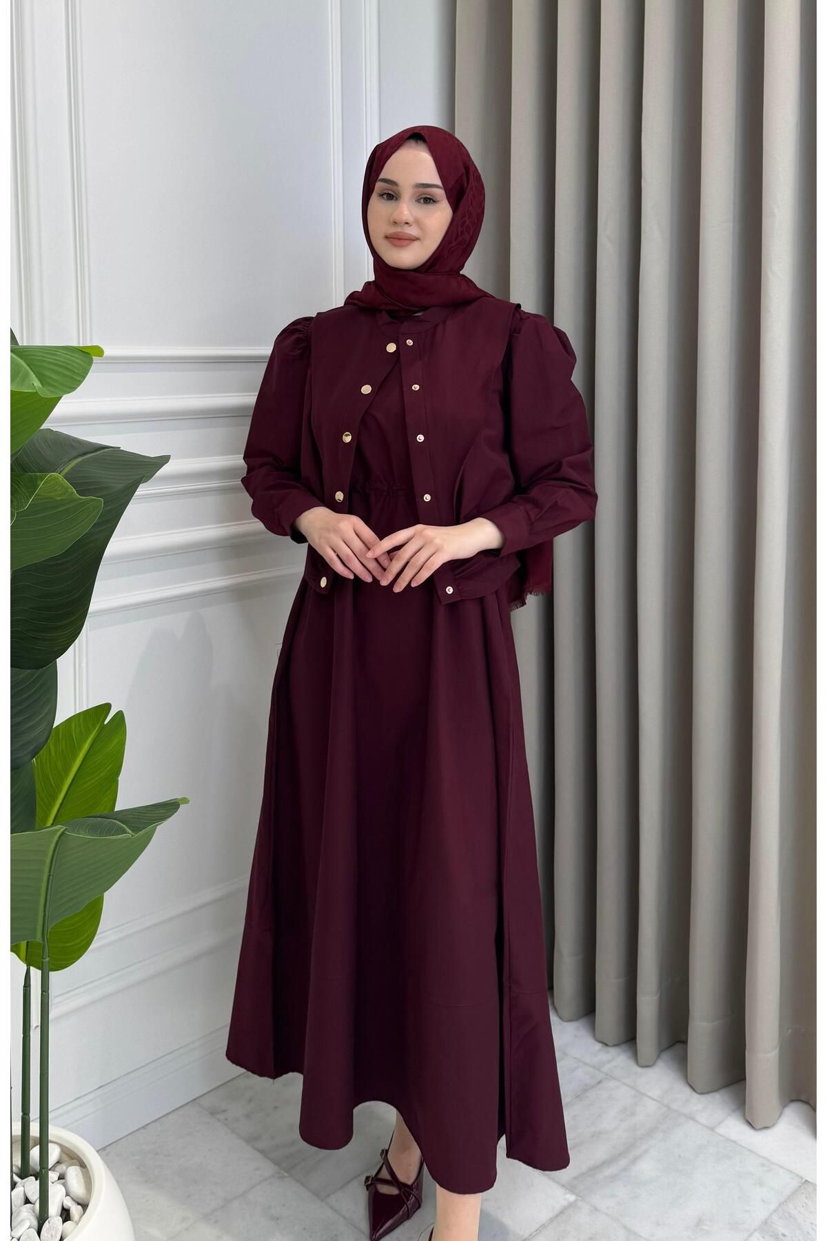 Beige Store Önden Çıtçıtlı Ceket Elbise Takım Bordo