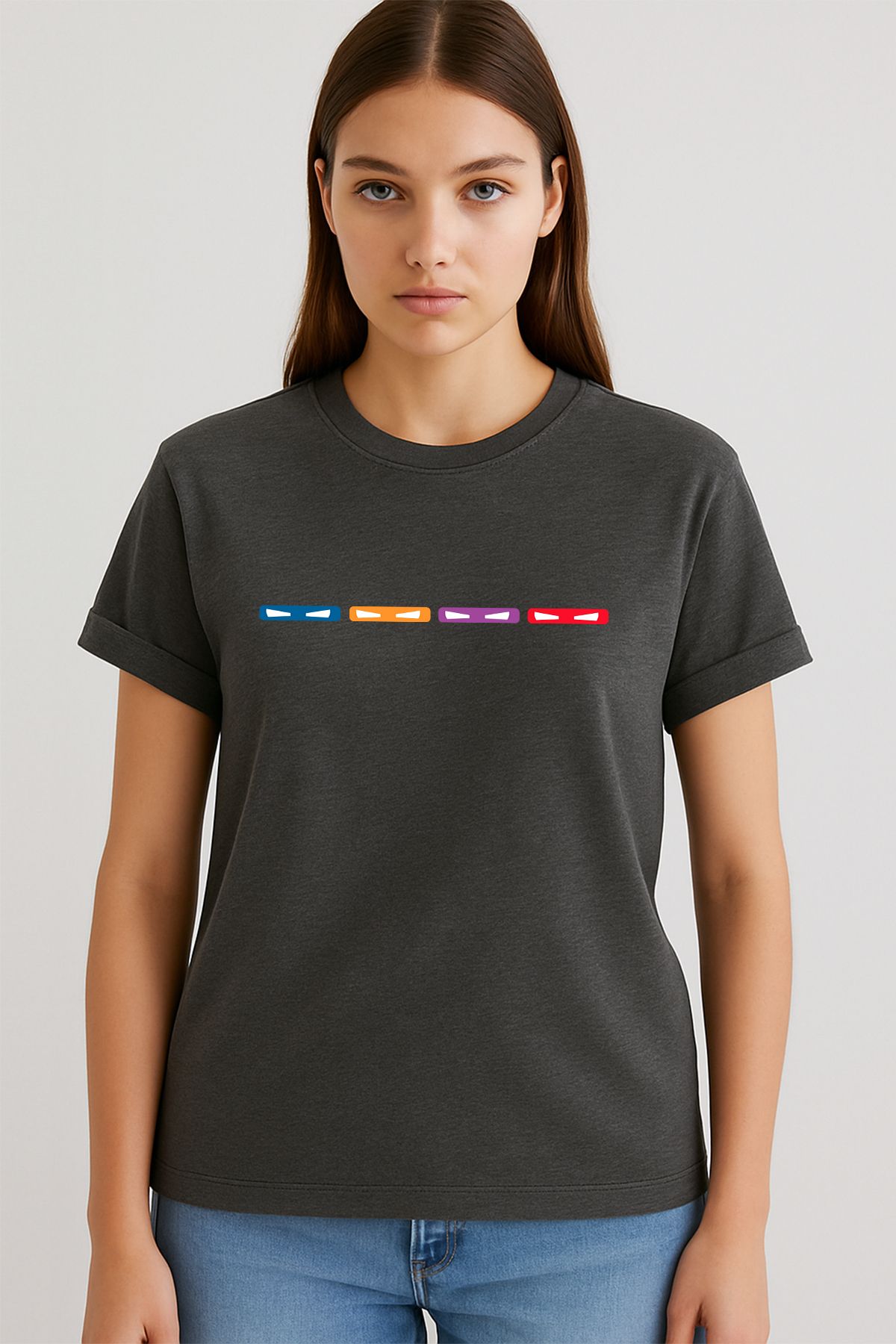 uniqwo Unisex Ninja Kaplumbağalar Göz Maske Baskılı %100 Pamuk Premium Regular Koyu Gri T-Shirt