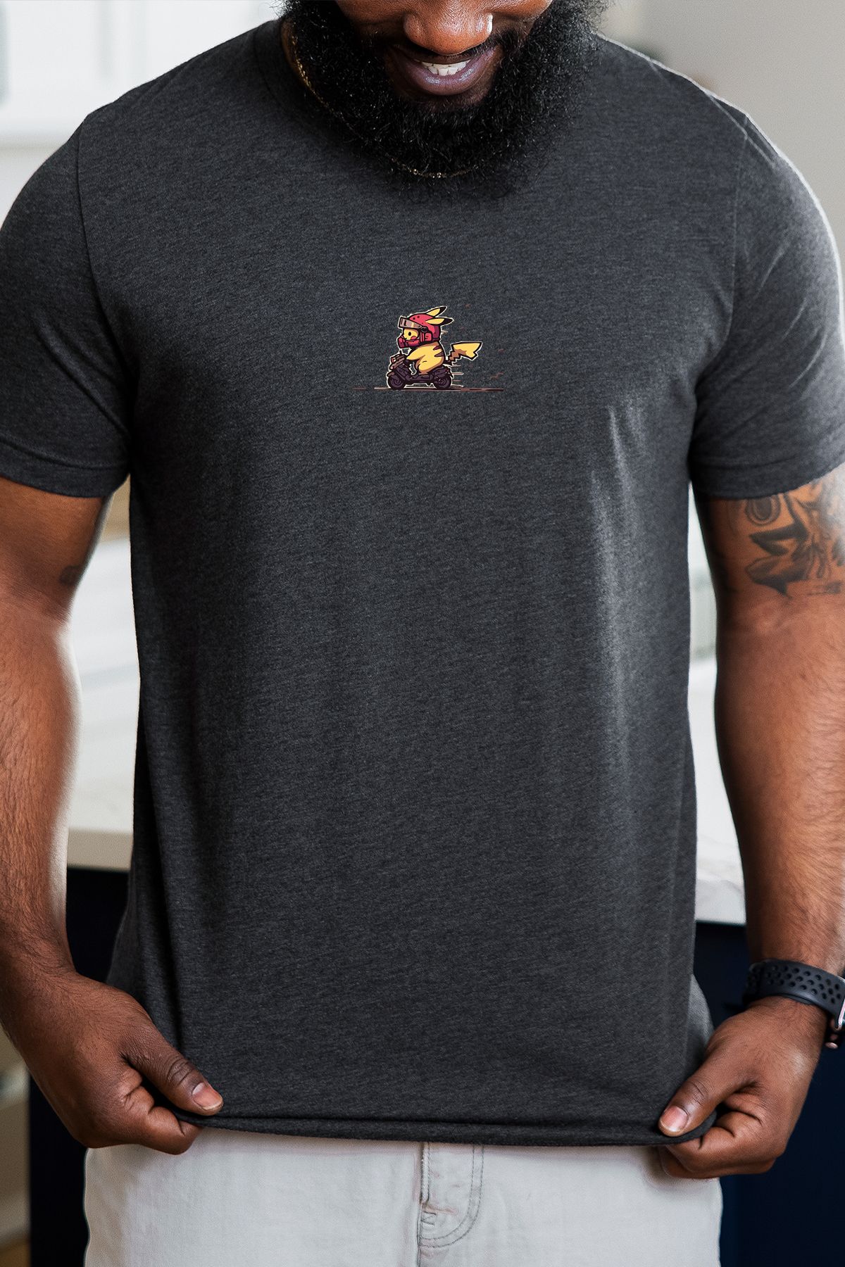 uniqwo Unisex Motorcu Pikachu %100 Pamuk Premium Regular Koyu Gri T-Shirt
