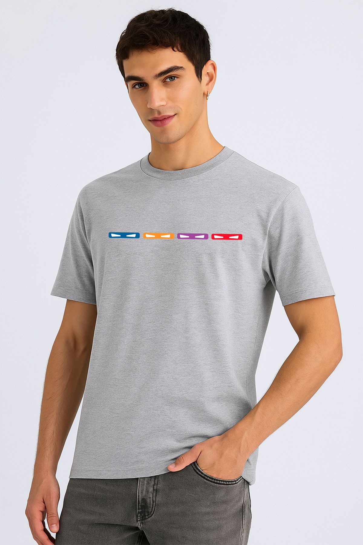 uniqwo Unisex Ninja Kaplumbağalar Göz Maske Baskılı %100 Pamuk Premium Regular Melanj Gri T-Shirt