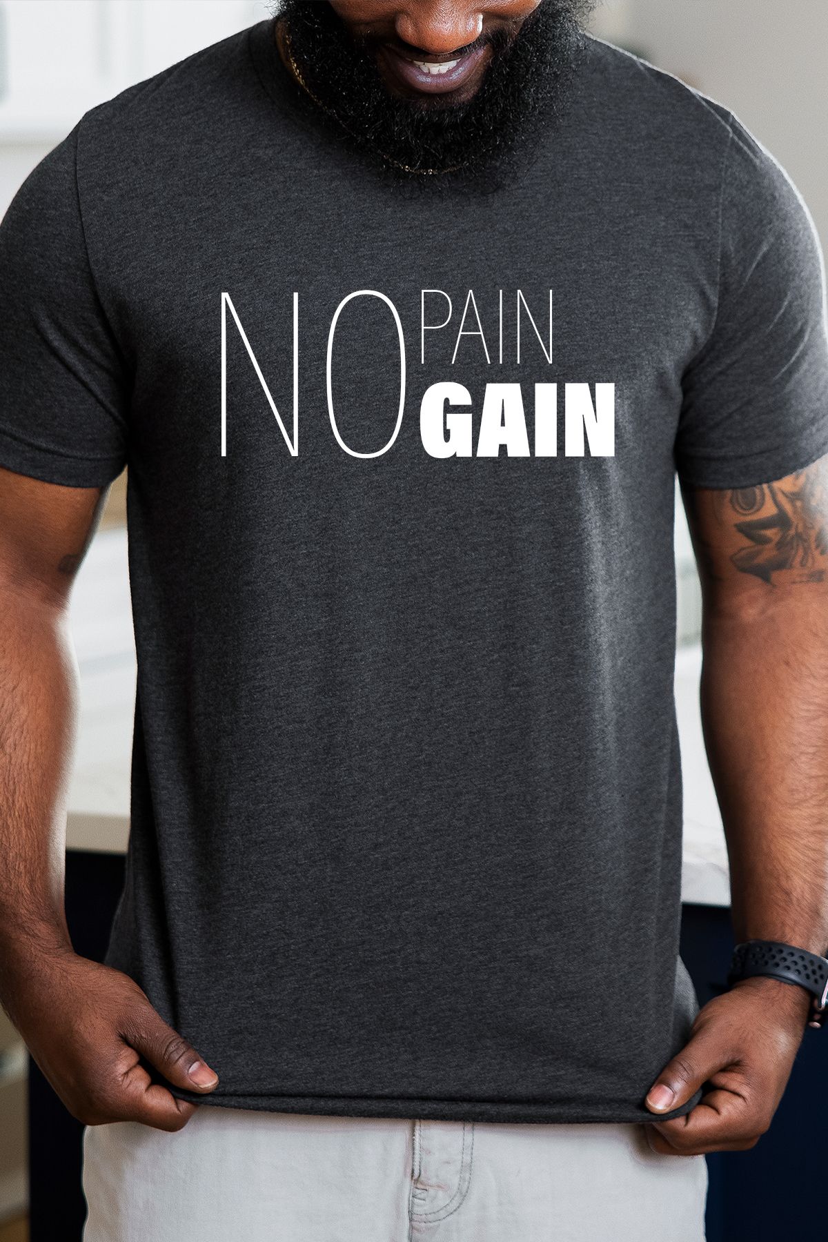 uniqwo Unisex No Pain Gain Baskılı Fitness %100 Pamuk Premium Regular Koyu Gri T-Shirt