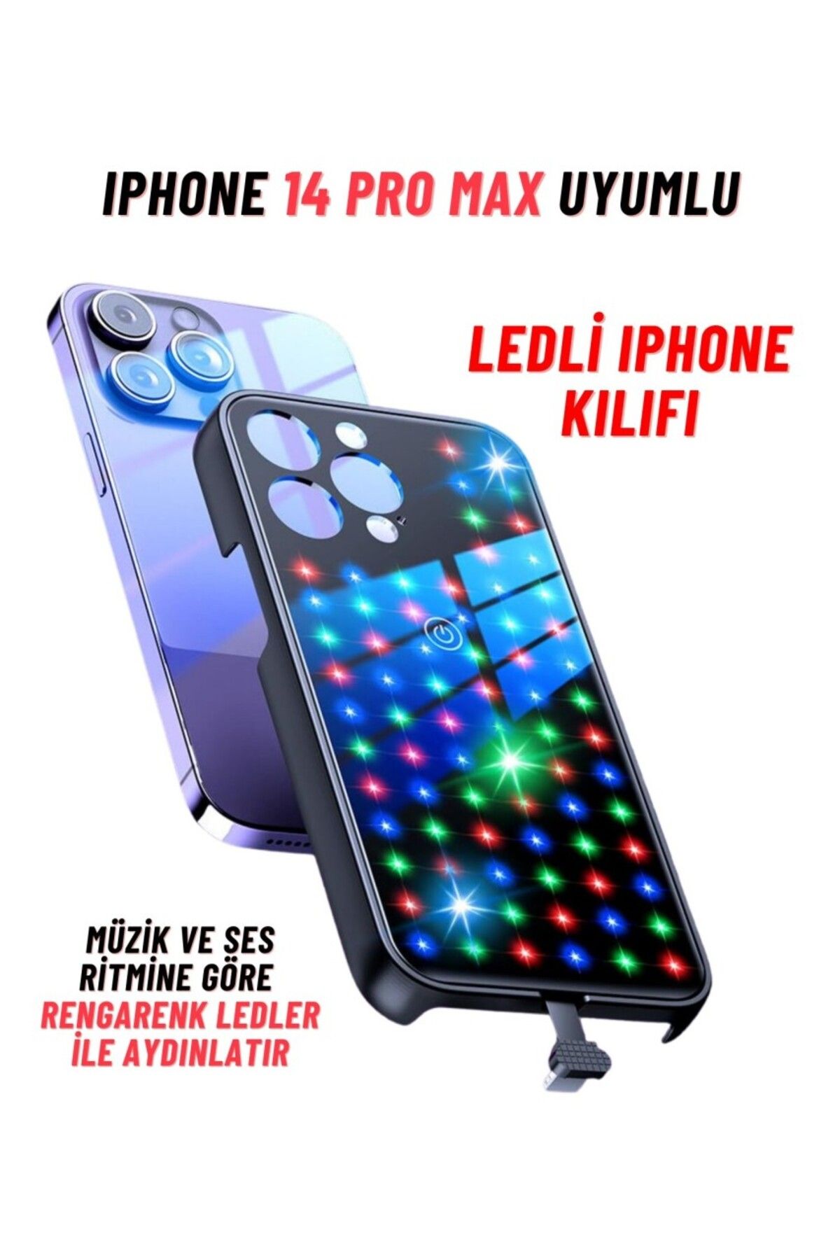 Aydoganticaret44 Apple Iphone 14 Pro Max Uyumlu Rgb LED Işıklı Siyah Telefon Kılıfı