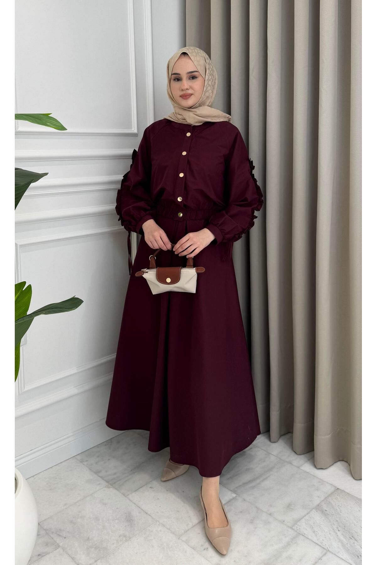 Beige Store Kol Büzgülü Jileli Elbise Takım Bordo