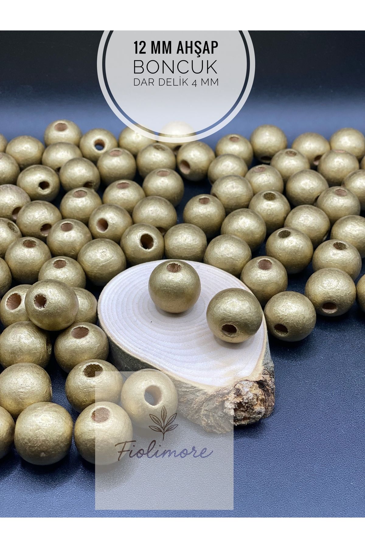 Fiolimore 12 mm Altın Sarı Ahşap Boncuk (50 Gram 95 Adet) Delik Çapı 4 mm Yuvarlak Dar Delik Renkli Tahta