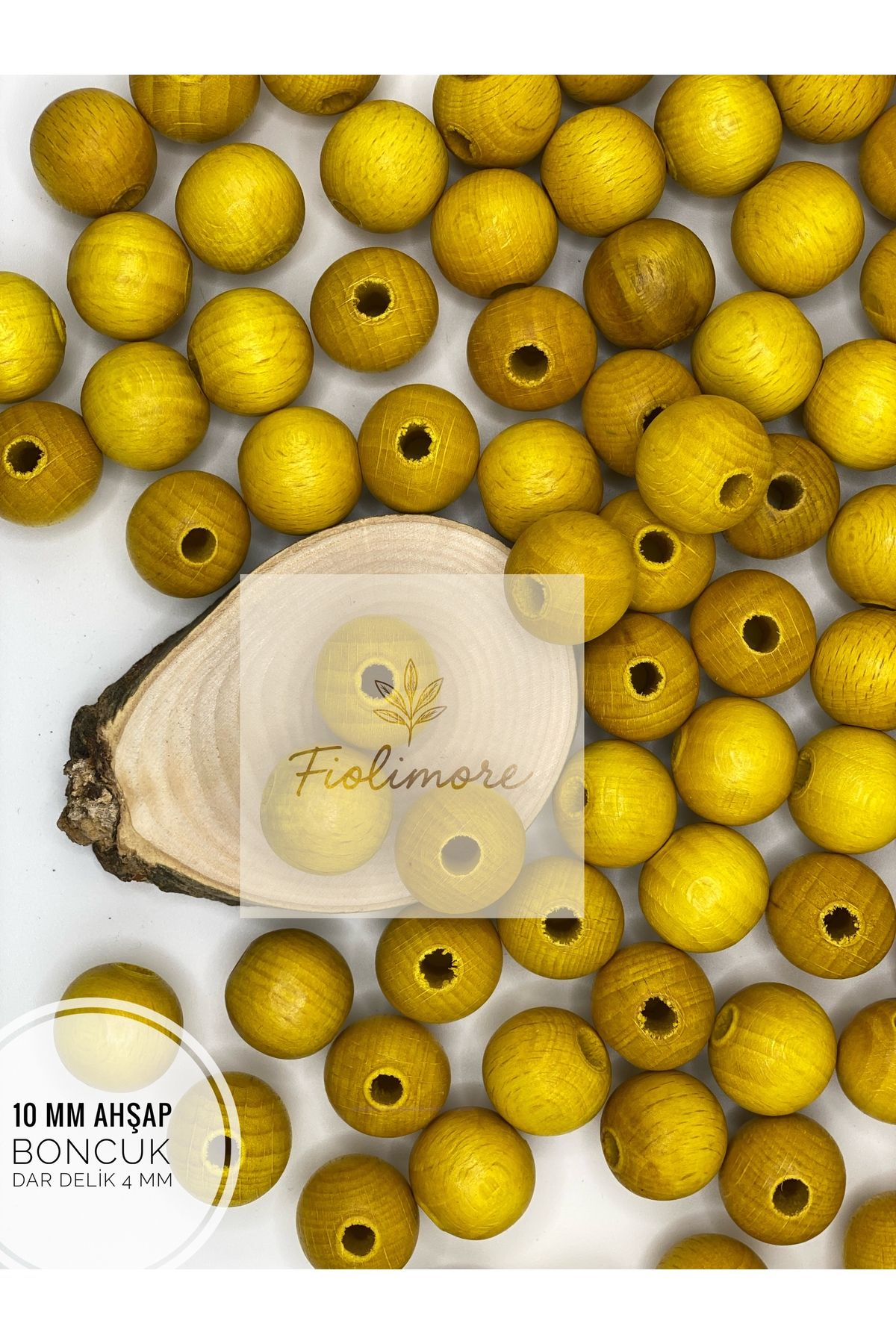 Fiolimore 10 mm Sarı Ahşap Boncuk (50 Gram 140 Adet) Delik Çapı 4 mm Yuvarlak Dar Delik Renkli Tahta