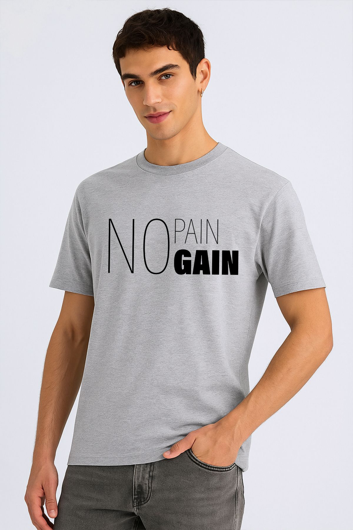 uniqwo Unisex No Pain Gain Baskılı Fitness %100 Pamuk Premium Regular Melanj Gri T-Shirt