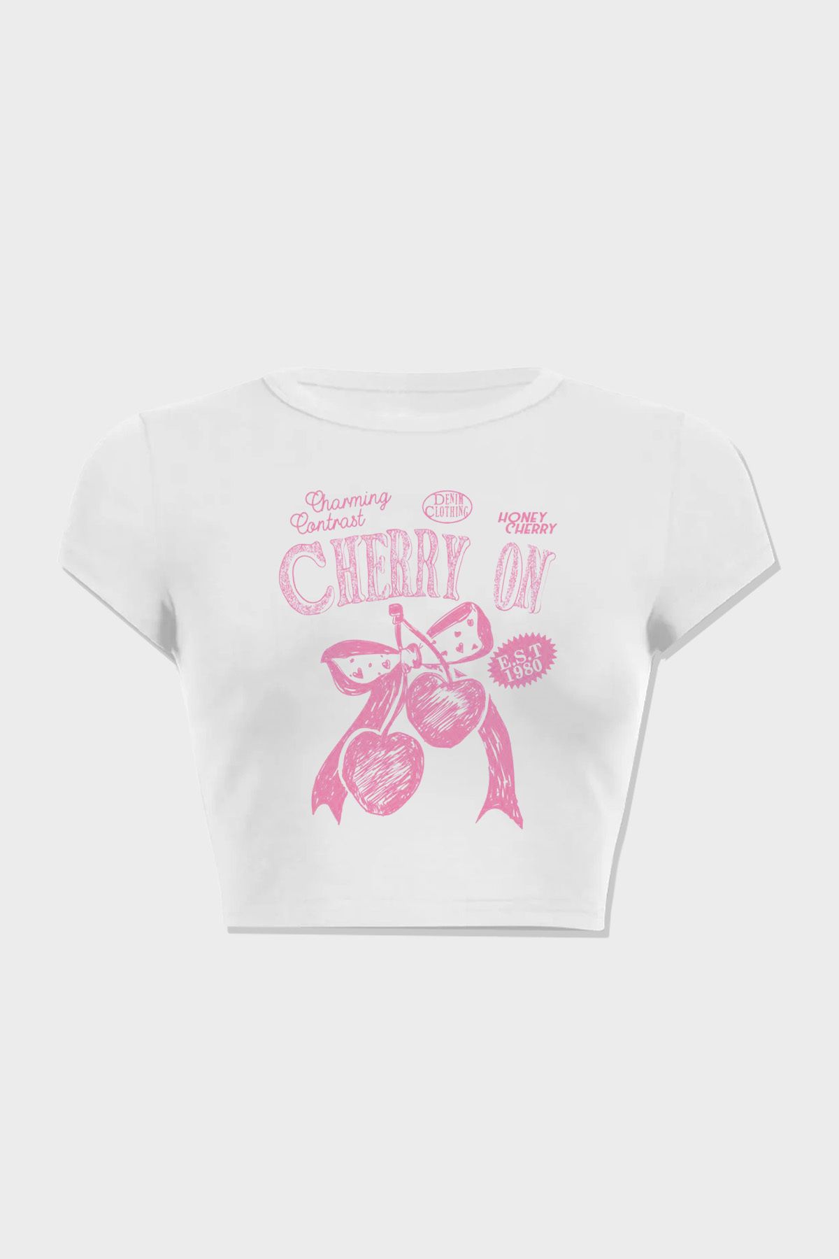 3 ROPE Cherry On Kurdele Fiyonk Baskılı %100 Pamuk Crop T-Shirt Bluz
