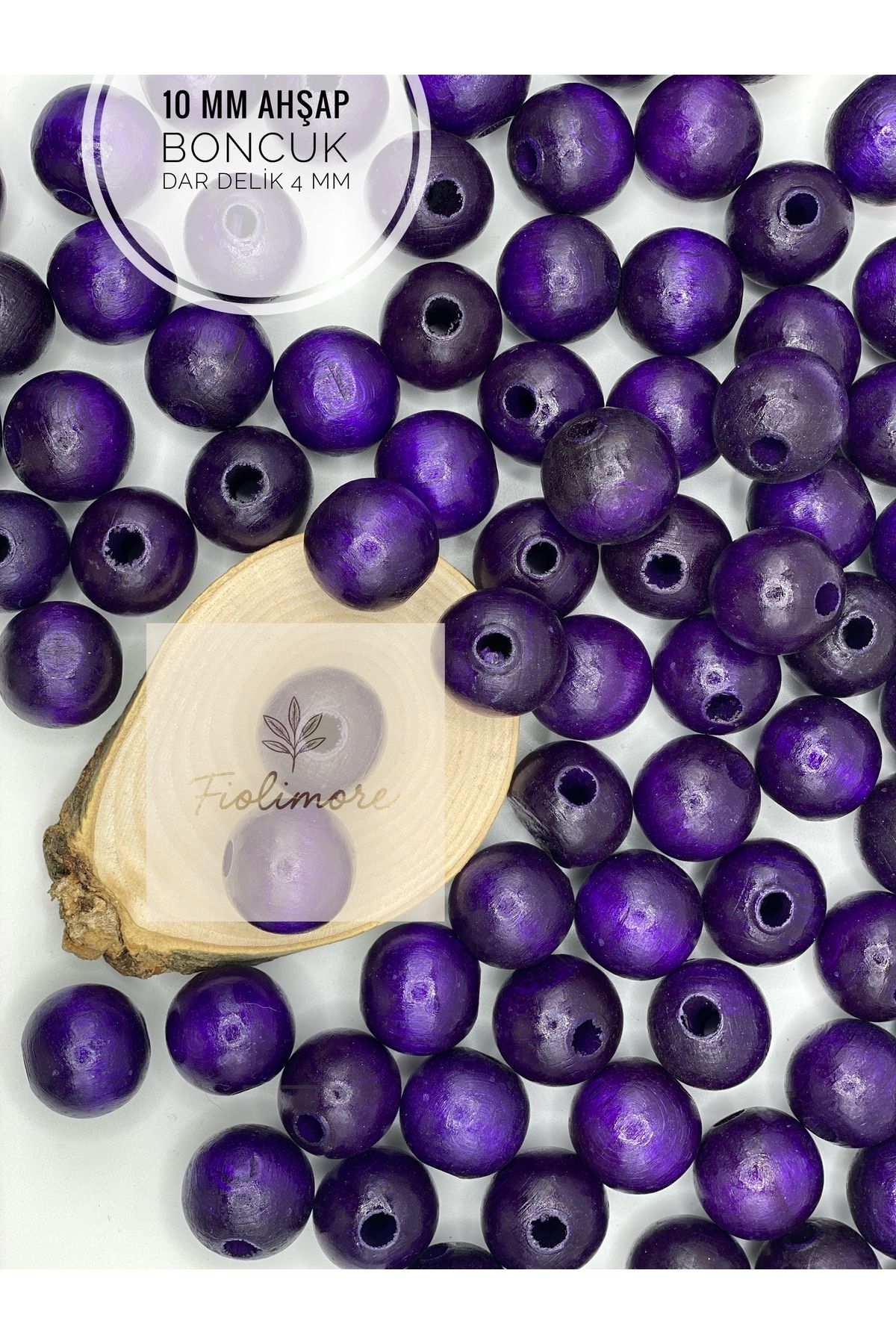 Fiolimore 10 mm Mor Ahşap Boncuk (50 Gram 140 Adet) Delik Çapı 4 mm Yuvarlak Dar Delik Renkli Tahta