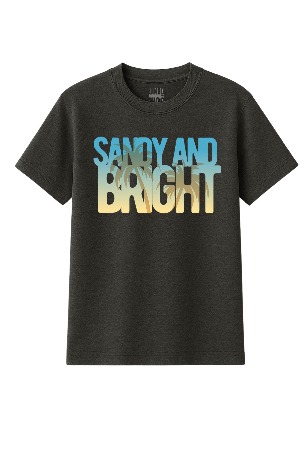 uniqwo Unisex Mavi Sandy Bright Plaj Yaz Temalı %100 Pamuk Premium Regular Koyu Gri T-Shirt