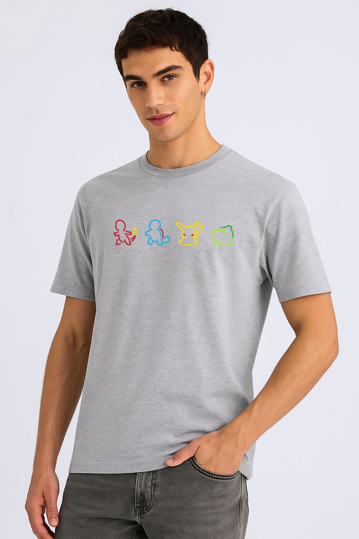 uniqwo Unisex Pokemon Karakter Siluet %100 Pamuk Premium Regular Melanj Gri T-Shirt