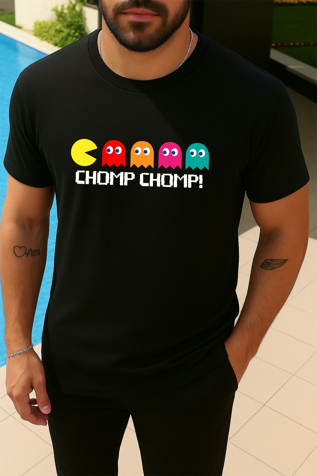 uniqwo Unisex Pacman Chomp %100 Pamuk Premium Regular Siyah T-Shirt