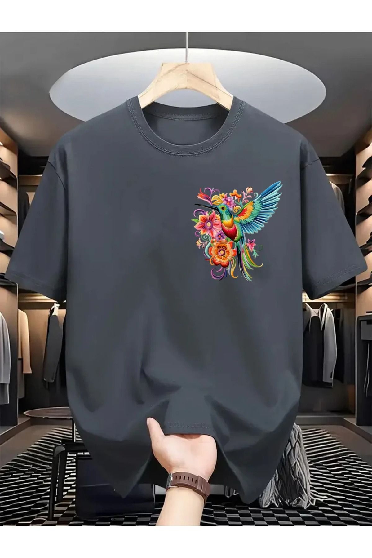 PALPİTO Kadın Füme Sinek Kuşu Baskılı Oversize T-Shirt