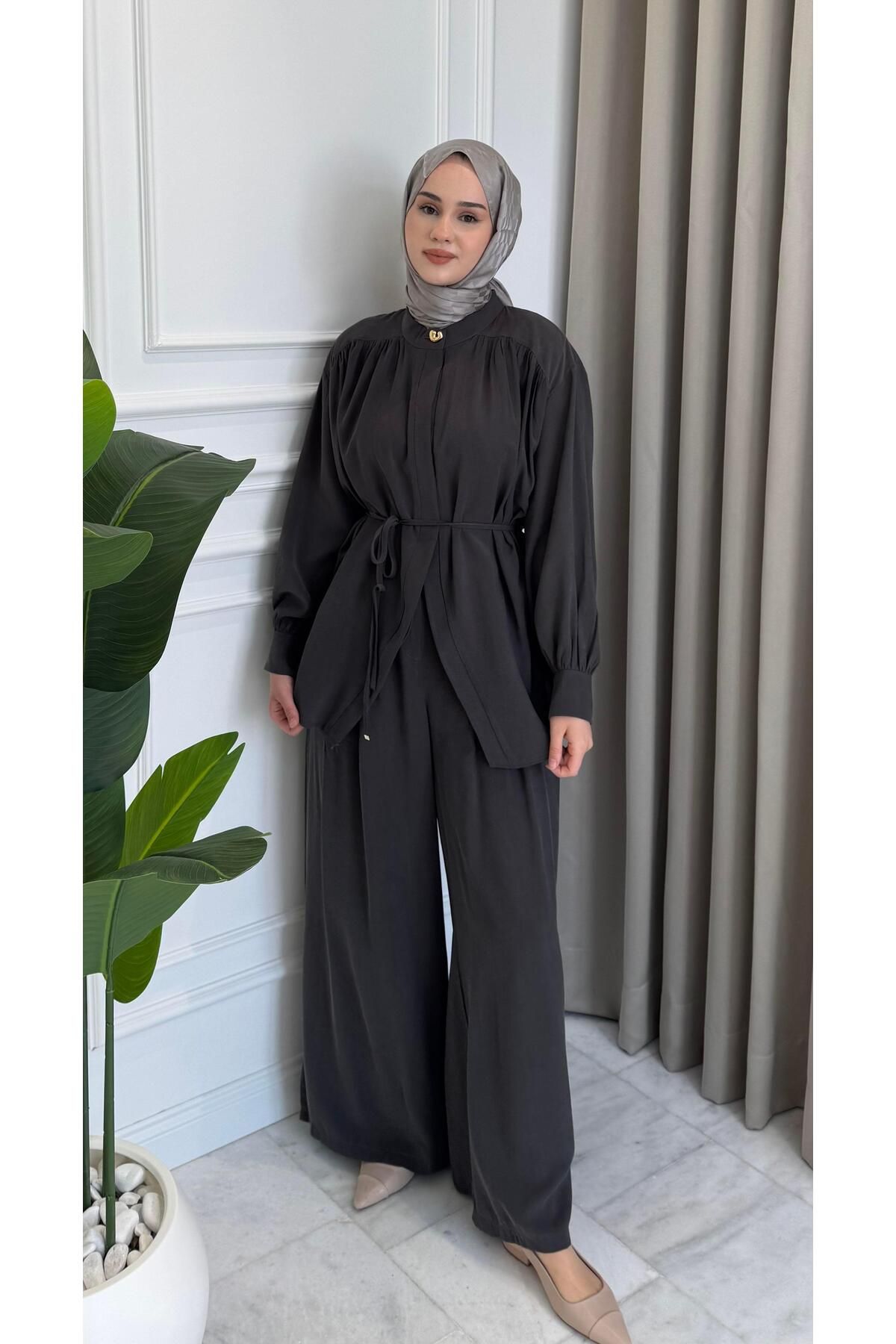 Beige Store Belden Bağlamalı Pantolon Takım Füme