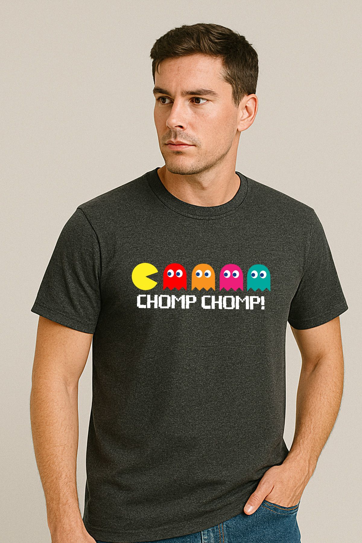 uniqwo Unisex Pacman Chomp %100 Pamuk Premium Regular Koyu Gri T-Shirt