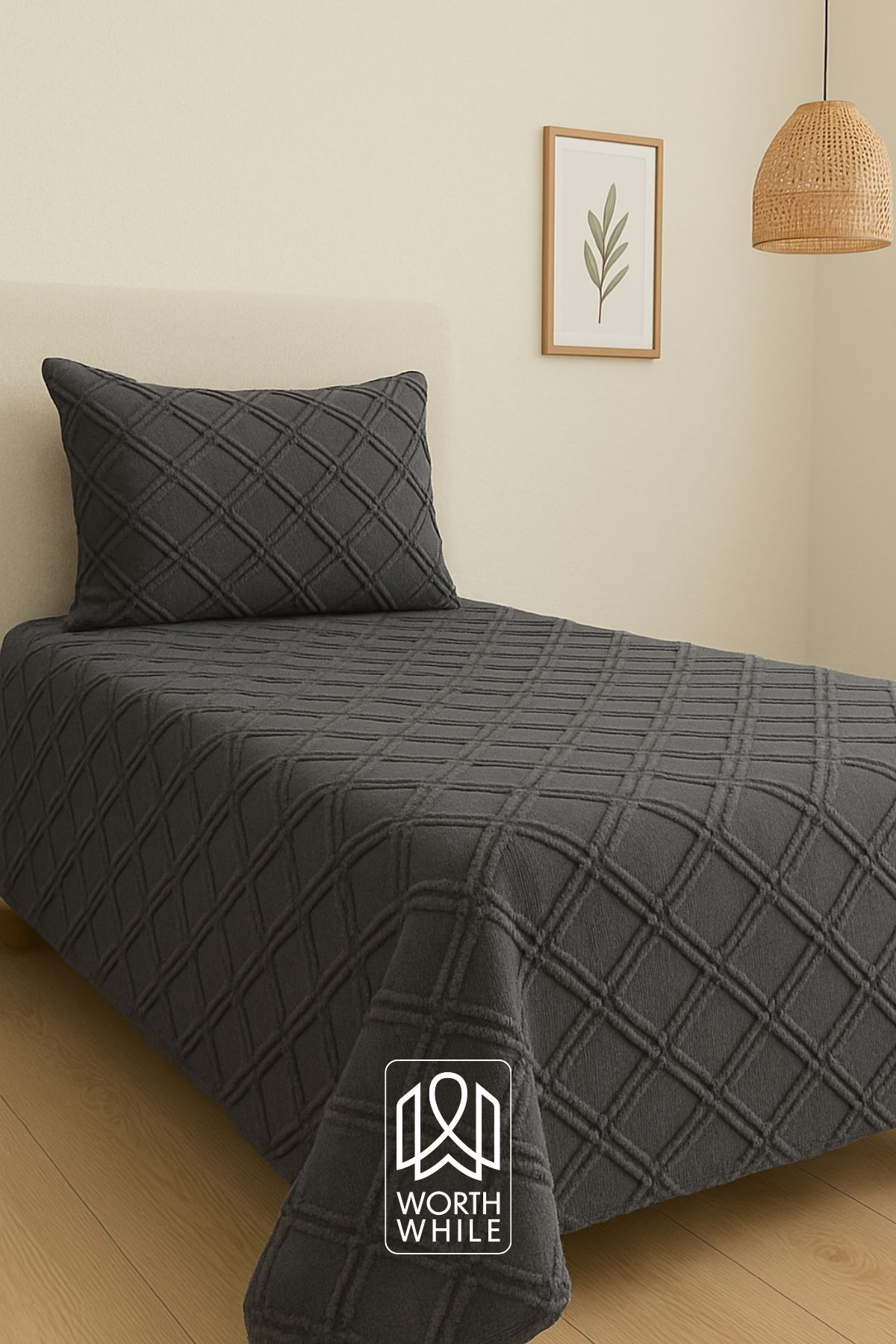 WorthWhile-Vera Single Bedspread 180X240 |   Anthracite Chenille Fabric, Diamond Pattern, Soft Textured 2