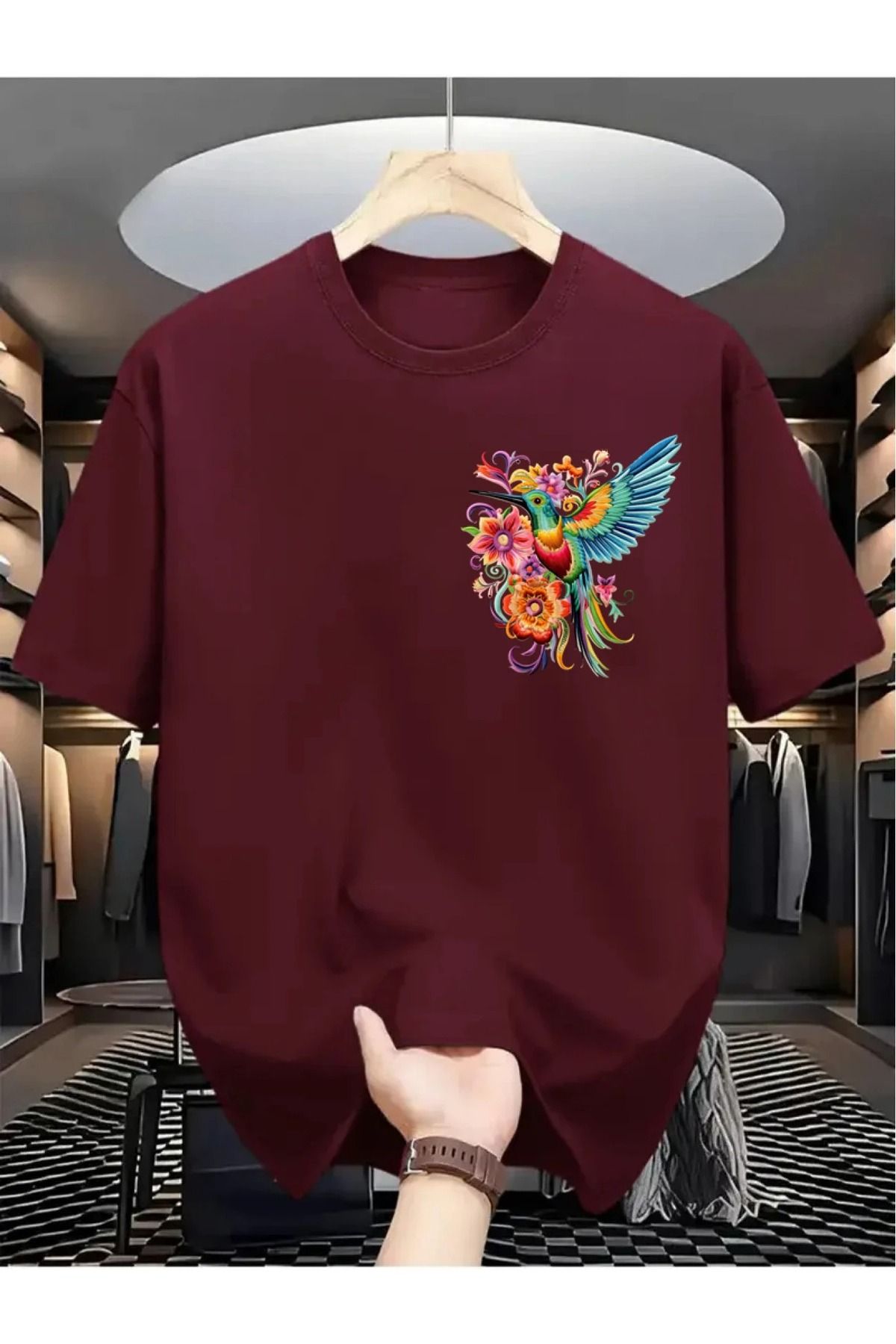 PALPİTO Kadın Bordo Sinek Kuşu Baskılı Oversize T-Shirt