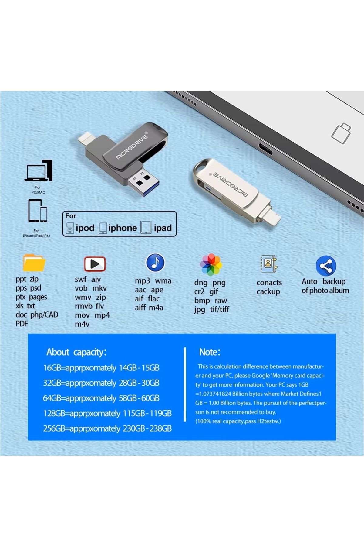 Laula-iPhone Compatible USB Flash Memory 256 Gb / 128 Gb / 64 Gb - iPhone and Computer Backup 6