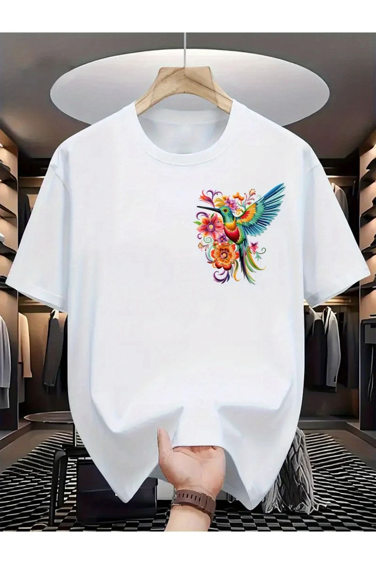 PALPİTO Kadın Beyaz Sinek Kuşu Baskılı Oversize T-Shirt