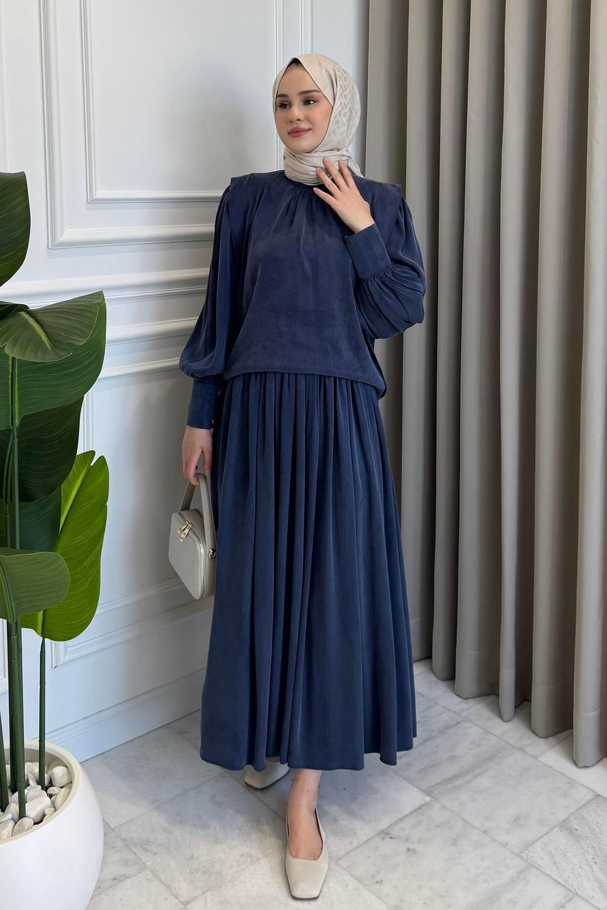 Beige Store Körüklü Etek Takım İndigo