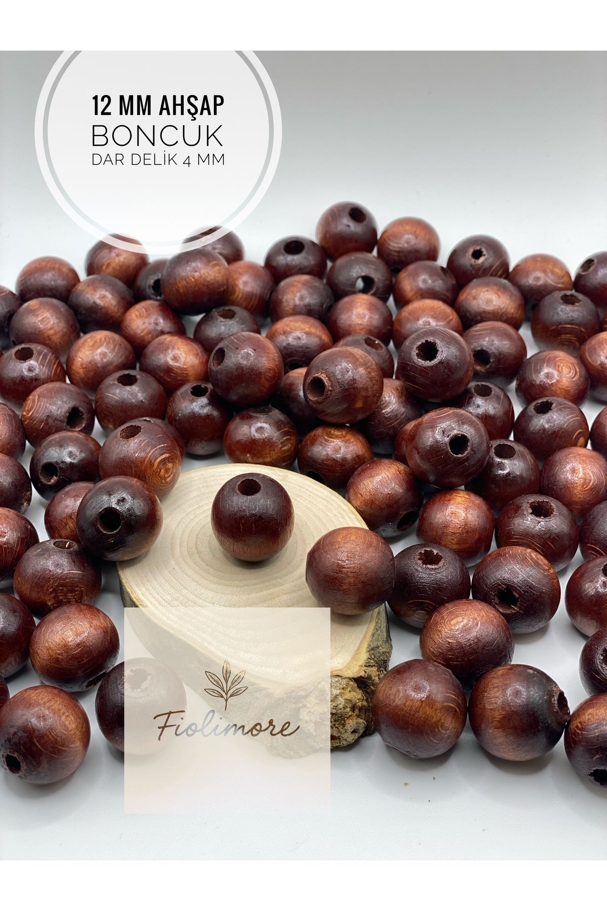 Fiolimore 12 mm Kahverengi Ahşap Boncuk (50 Gram 95 Adet) Delik Çapı 4 mm Yuvarlak Dar Delik Renkli Tahta