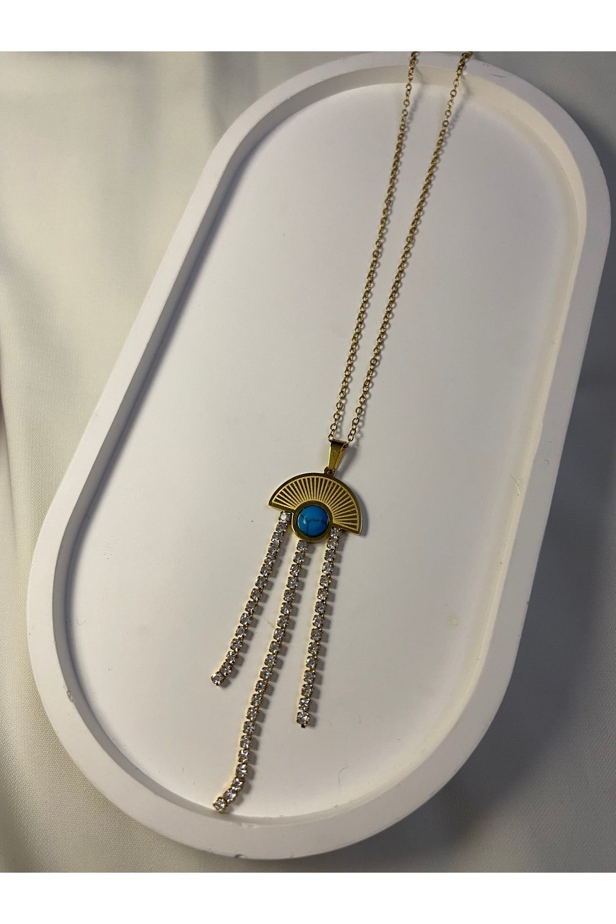 asem jewelry YERIM AY DETAYLI SAÇAKLI ZİRKON TAŞLI ÇELİK KOLYE