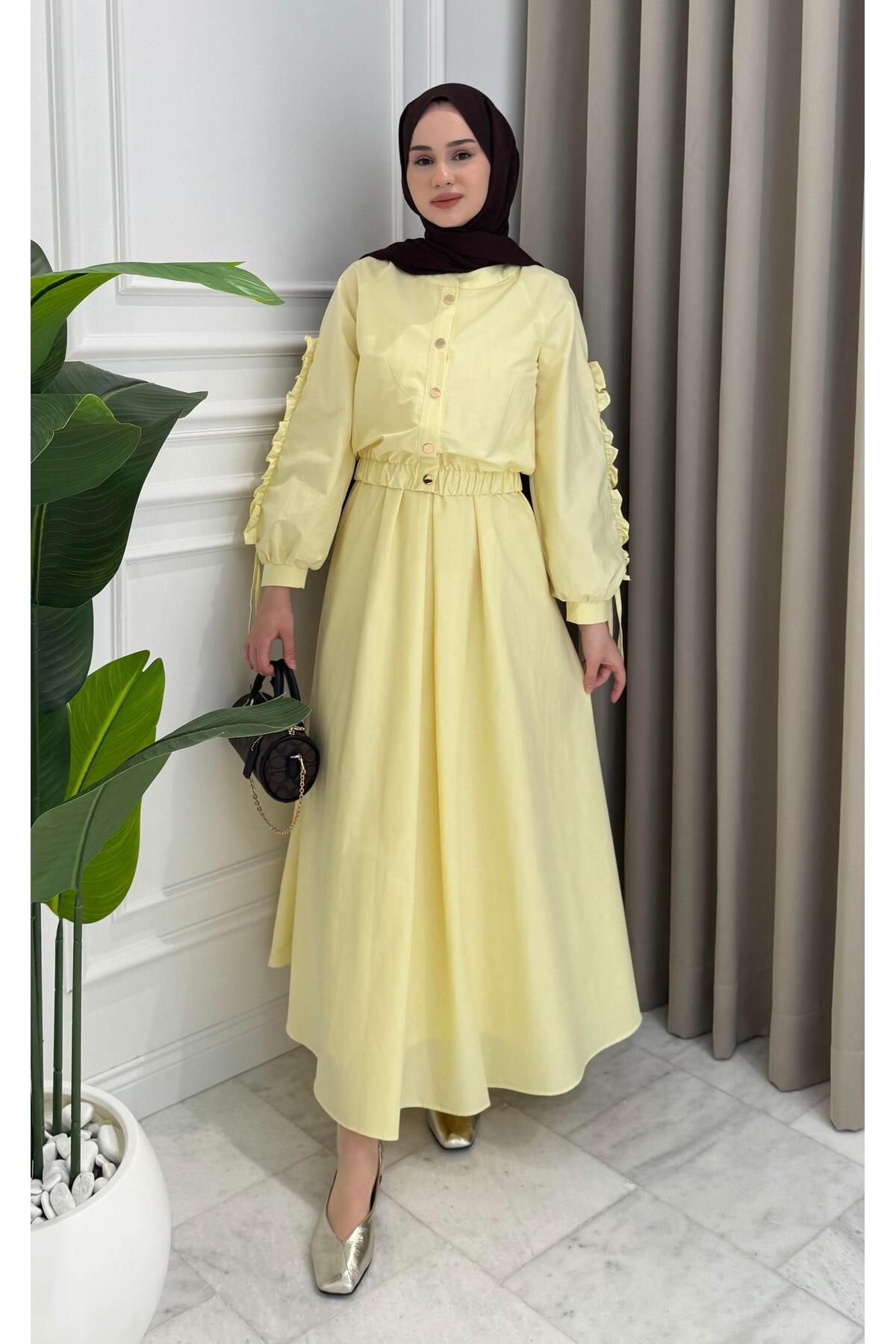Beige Store Kol Büzgülü Jileli Elbise Takım Sarı
