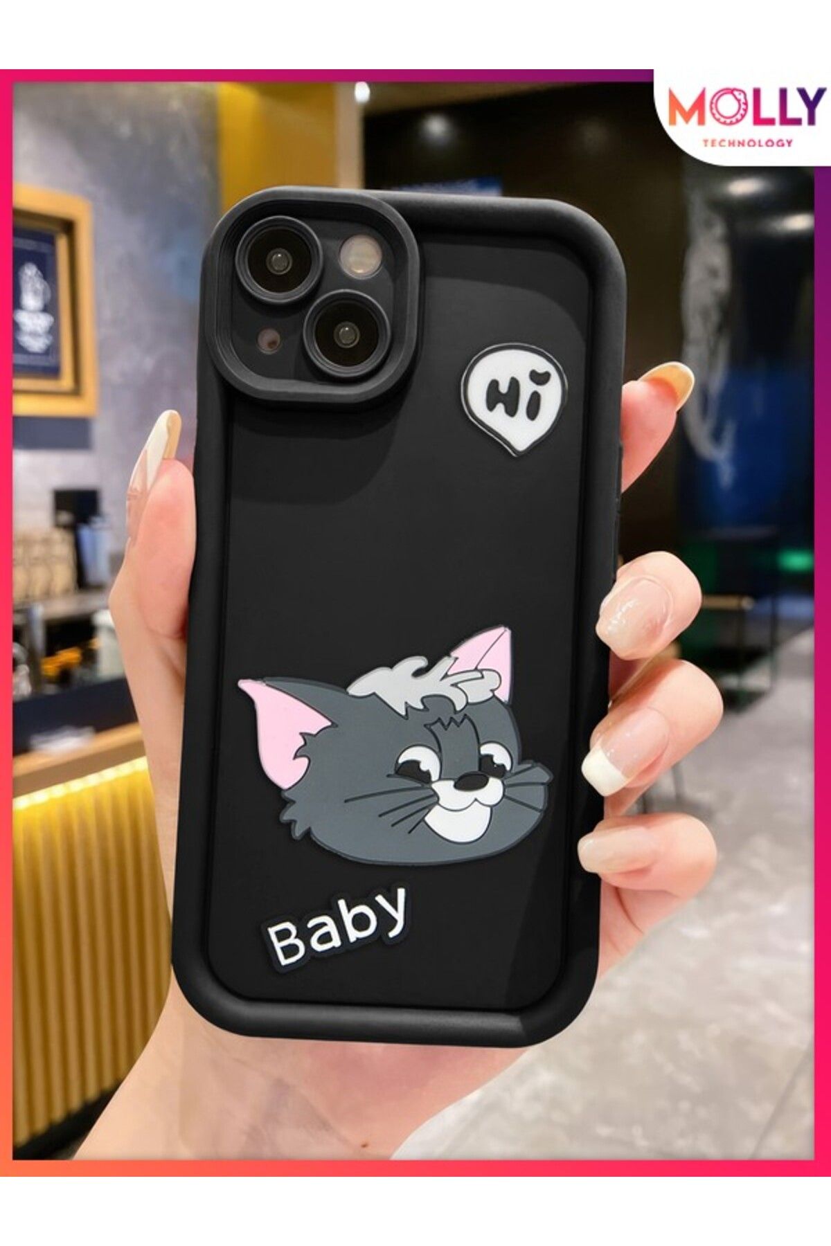 Molly iPhone 15 İçin Siyah Kenarları Kalın 3d Kabartmalı Baby Tom Silikon Kılıf