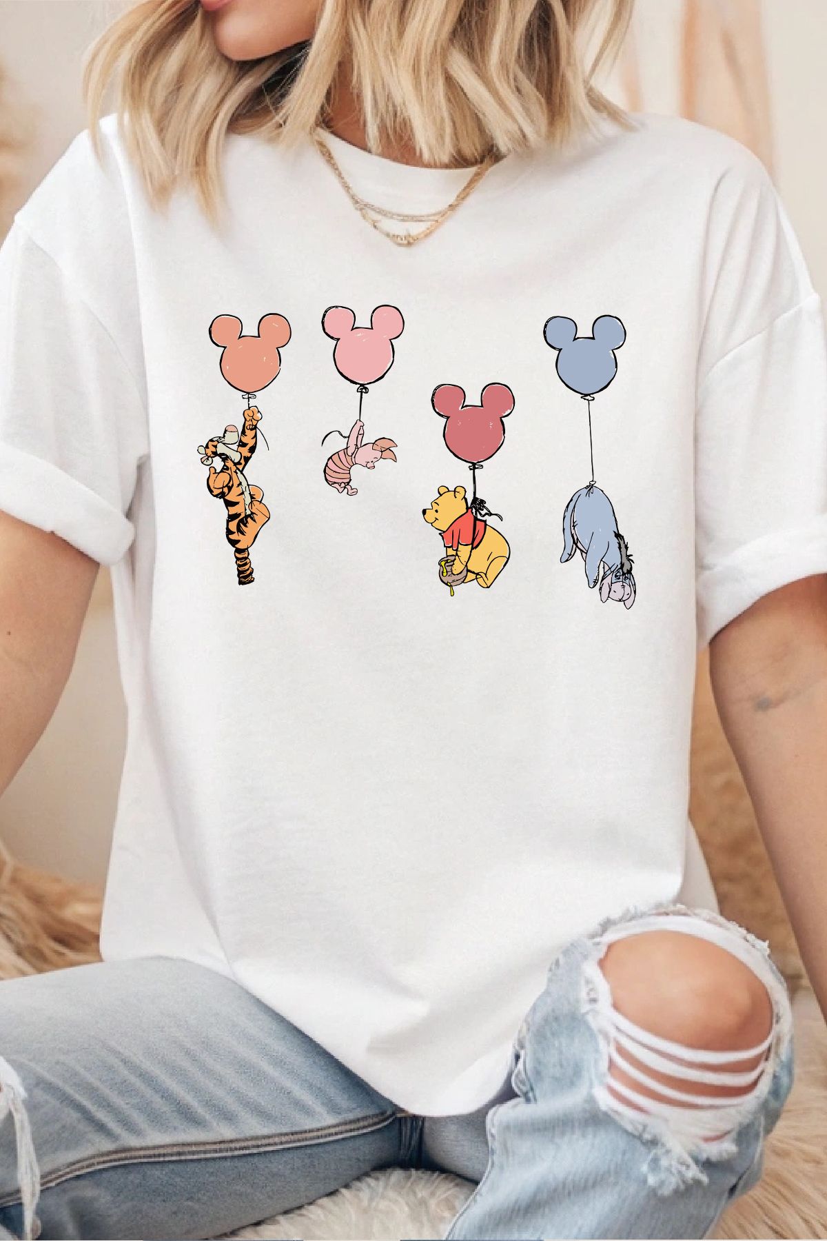 uniqwo Unisex Winnie the Pooh Baskılı %100 Pamuk Premium Regular Beyaz T-Shirt