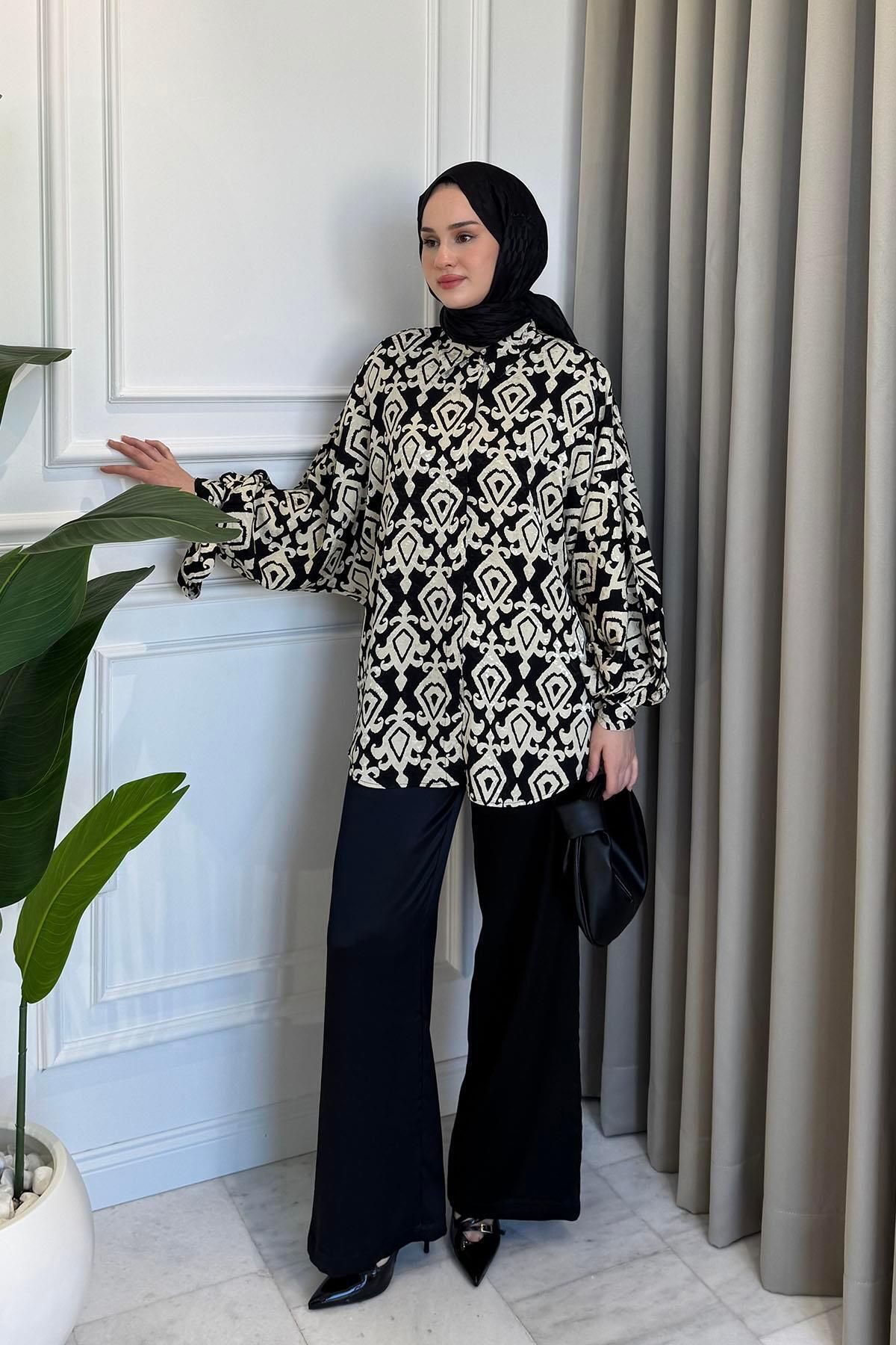 Beige Store Saten Bol Paça Pantolon Siyah