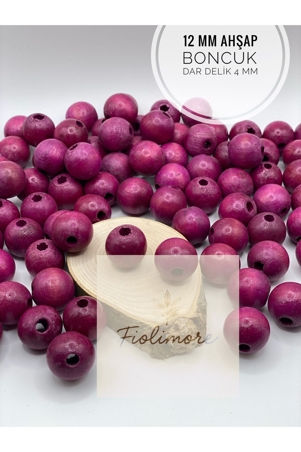 Fiolimore 12 mm Fuşya Pembe Ahşap Boncuk (50 Gram 95 Adet) Delik Çapı 4 mm Yuvarlak Dar Delik Renkli Tahta