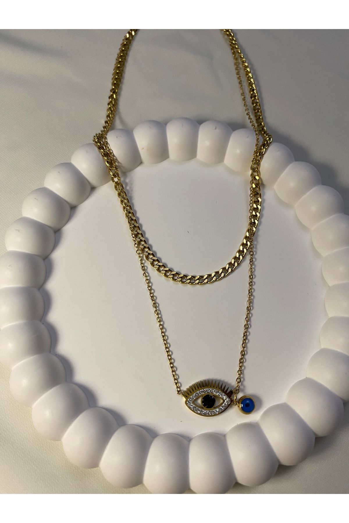 asem jewelry ZİRKON TAŞLI GÖZ MOTİFLİ NAZAR BONCUKLU ÇİFT ZİNCİR GOLD ÇELİK KOLYE