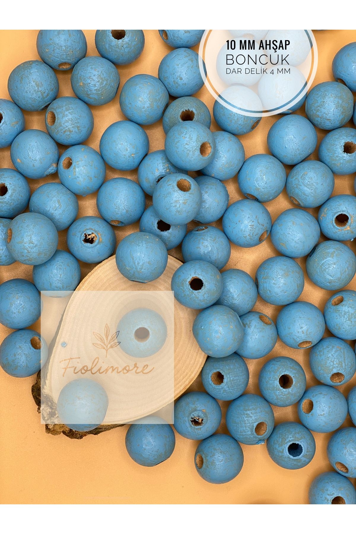 Fiolimore 10 mm Mavi Ahşap Boncuk (50 Gram 140 Adet) Delik Çapı 4 mm Yuvarlak Dar Delik Renkli Tahta
